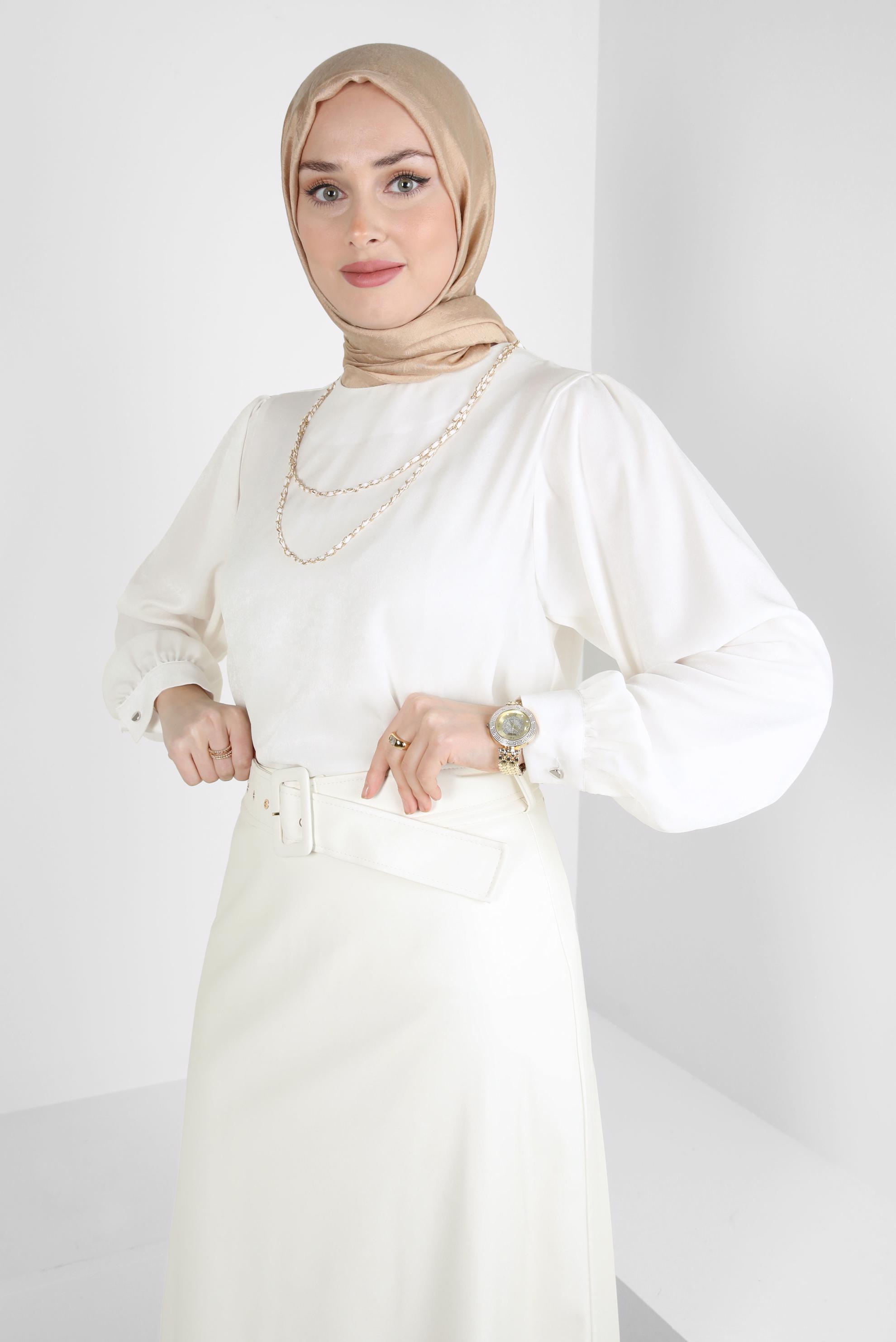 Tesettür giyim BEYAZ ZİNCİR DETAYLI TUNİK 44309