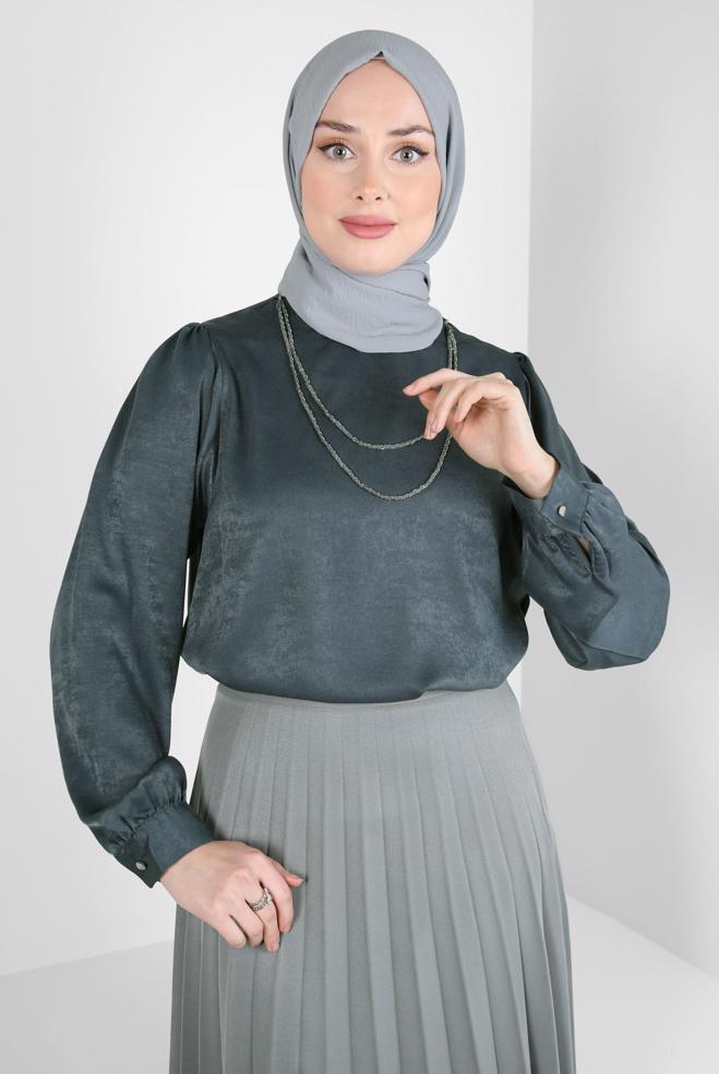Tesettür giyim GRİ ZİNCİR DETAYLI TUNİK 44309 - ALVİNA