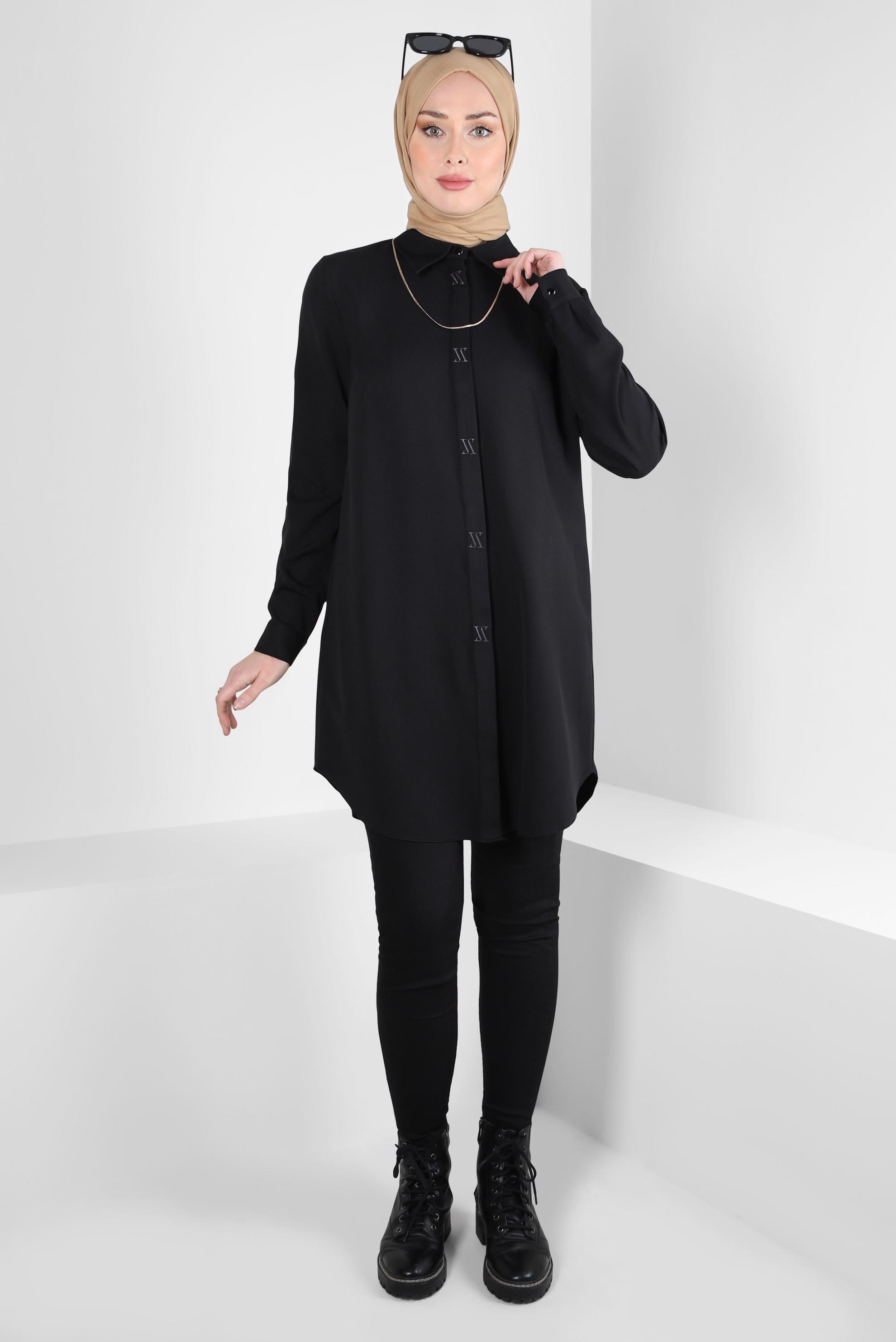 Tesettür giyim SİYAH GÖMLEK YAKA TUNİK 44311