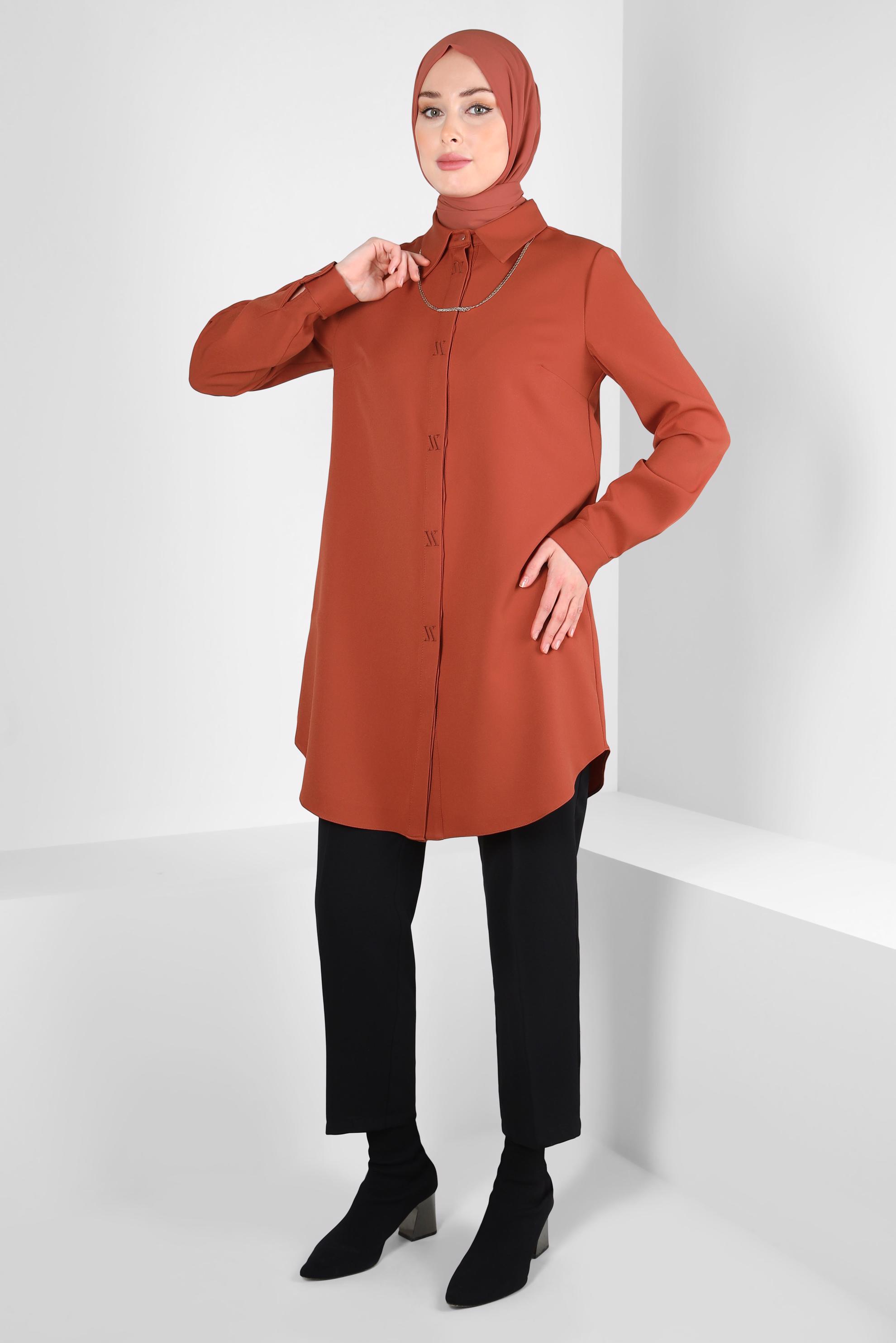 Tesettür giyim TURUNCU GÖMLEK YAKA TUNİK 44311
