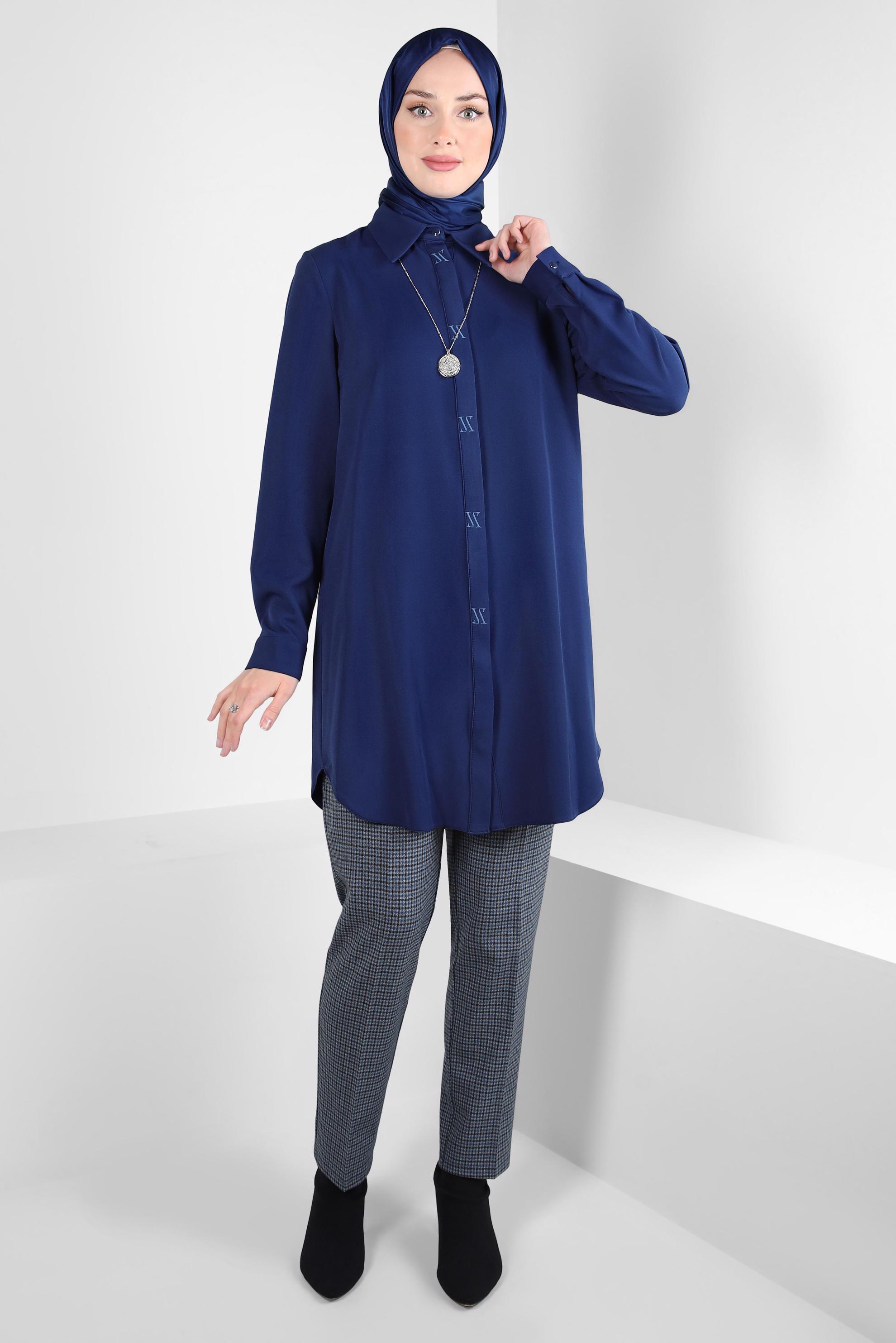 Tesettür giyim LACİVERT GÖMLEK YAKA TUNİK 44311