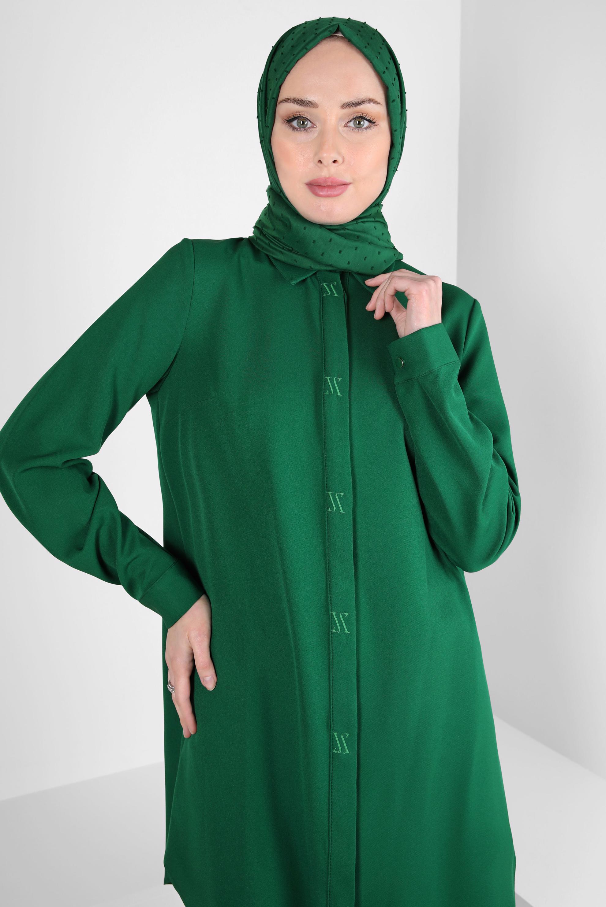 Tesettür giyim YEŞİL GÖMLEK YAKA TUNİK 44311