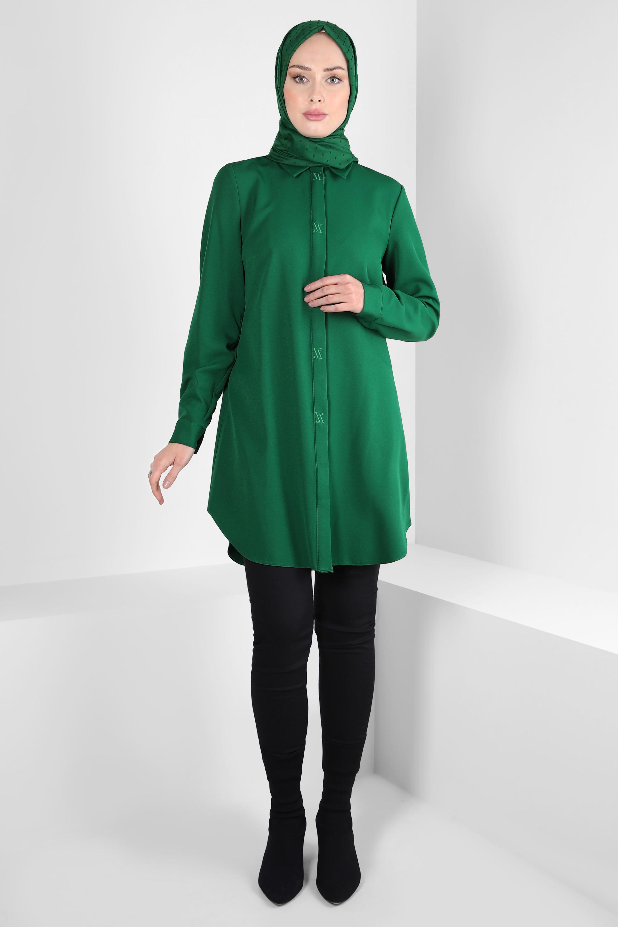 Tesettür giyim YEŞİL GÖMLEK YAKA TUNİK 44311