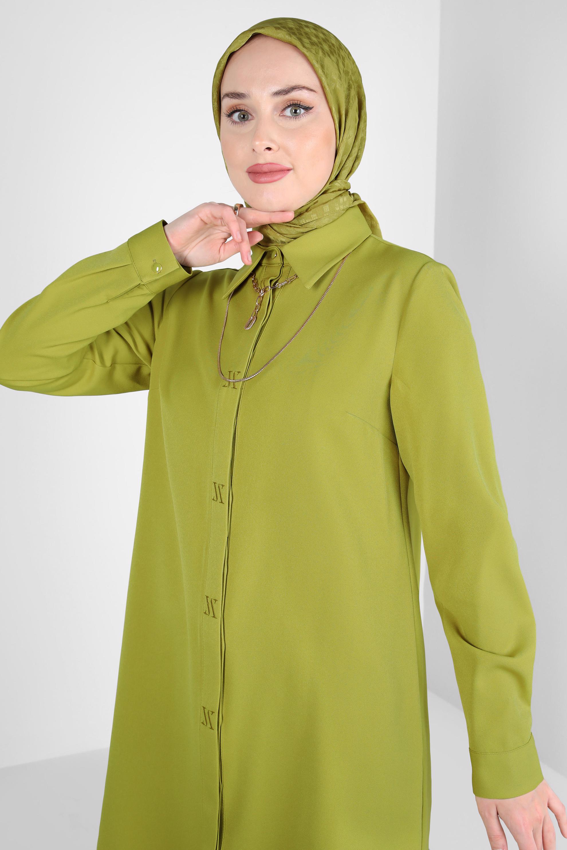 Tesettür giyim YEŞİL GÖMLEK YAKA TUNİK 44311