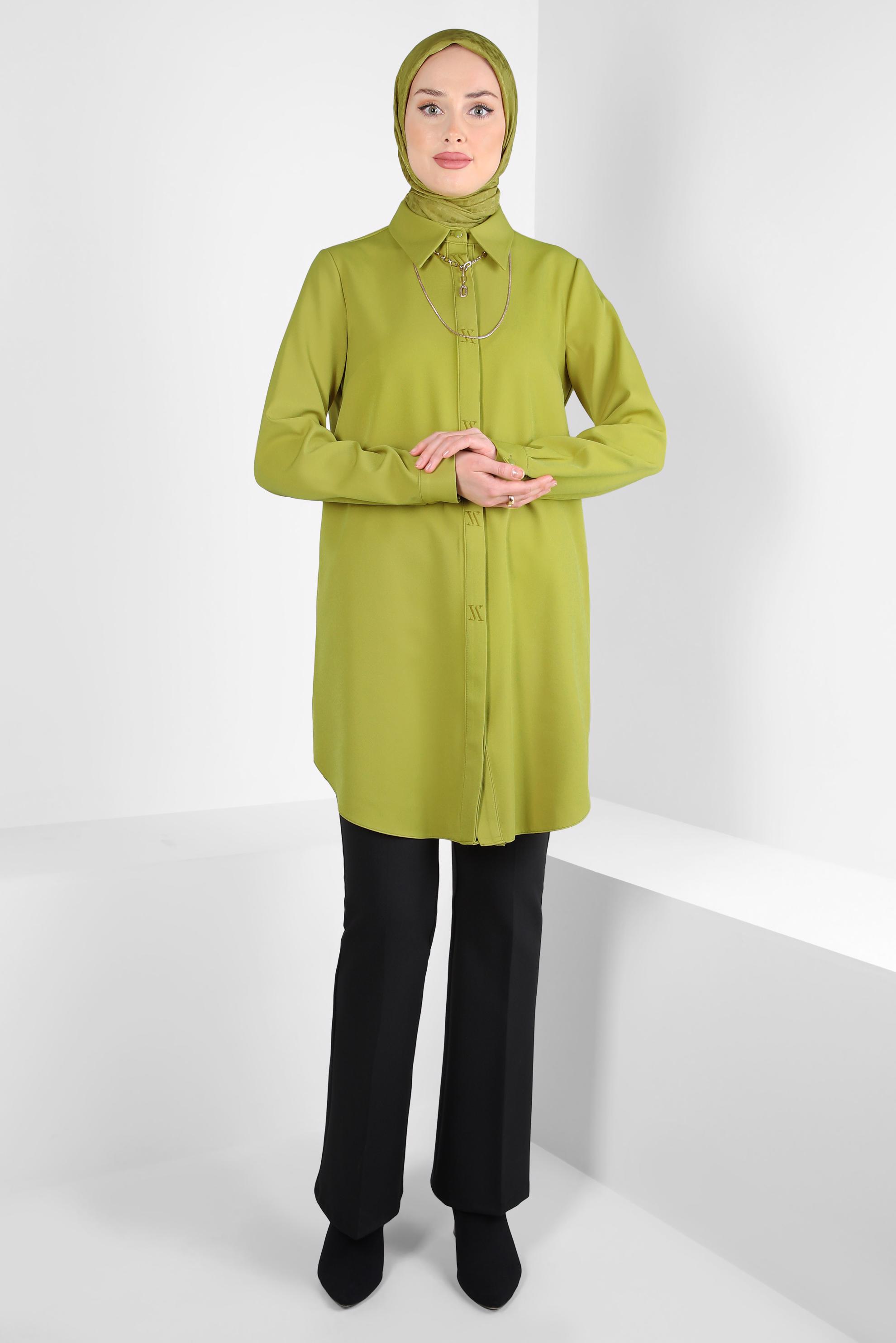 Tesettür giyim YEŞİL GÖMLEK YAKA TUNİK 44311