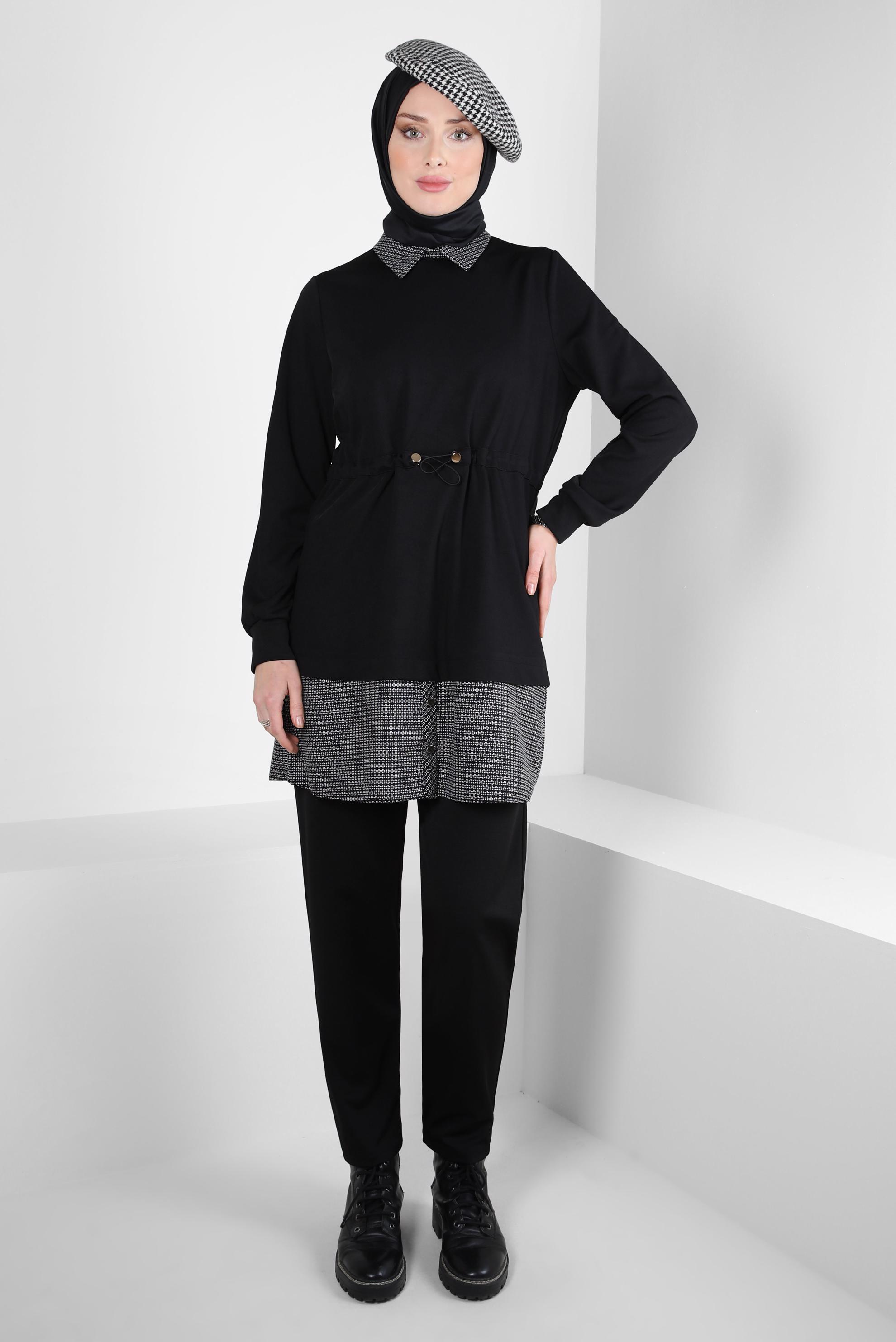 Tesettür giyim SİYAH GÖMLEK YAKA TUNİK 44313