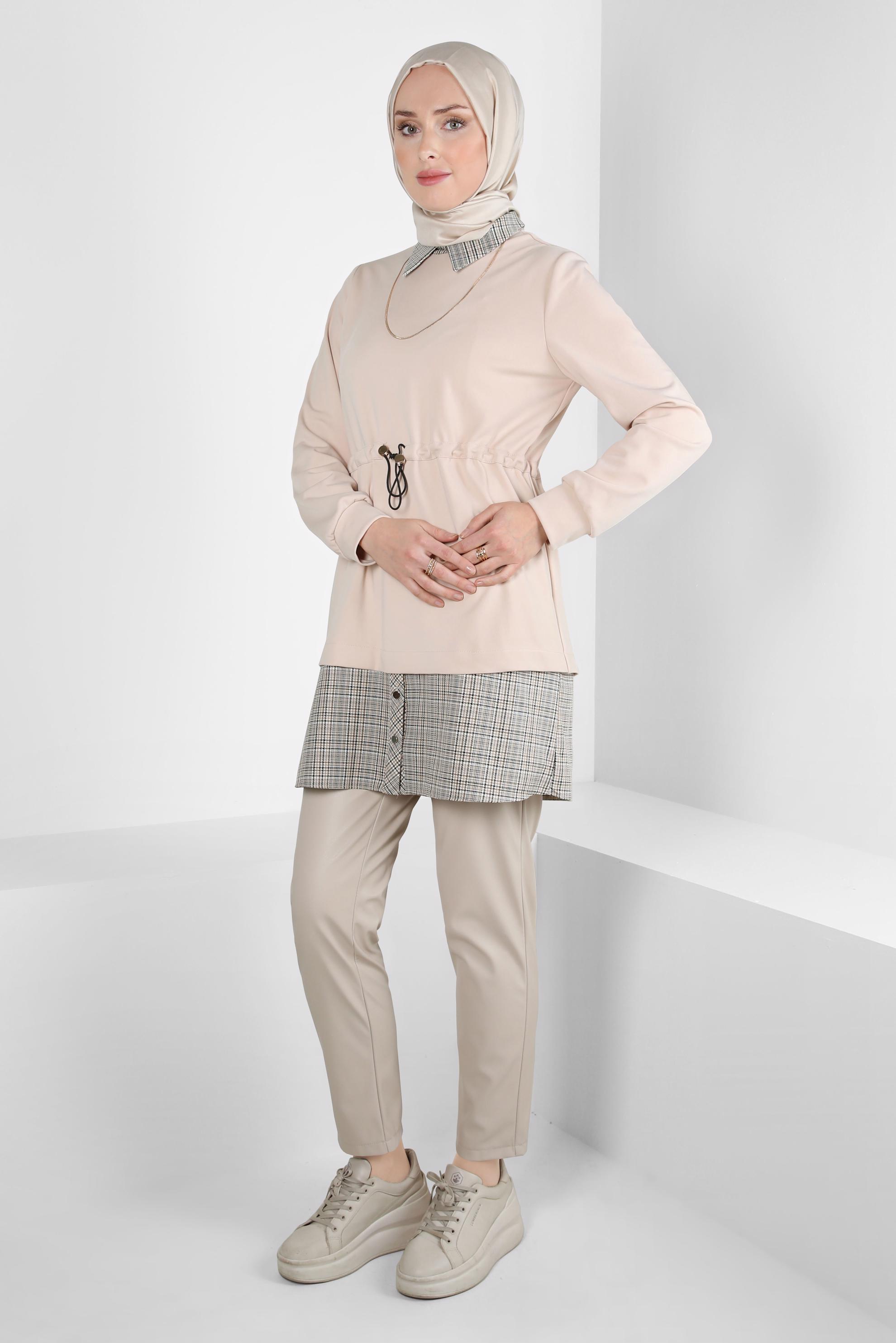 Tesettür giyim BEJ GÖMLEK YAKA TUNİK 44313