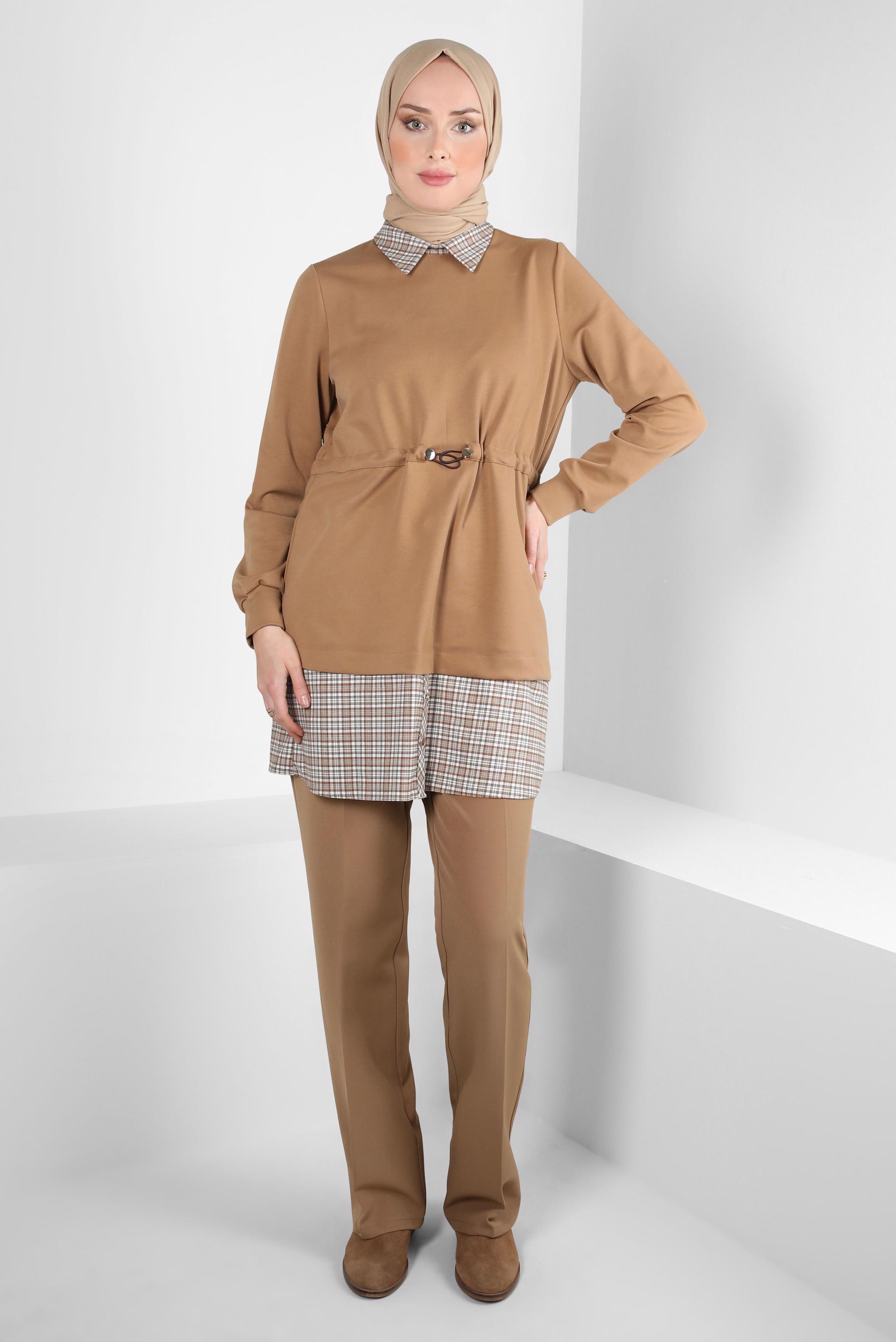 Tesettür giyim KAHVE GÖMLEK YAKA TUNİK 44313