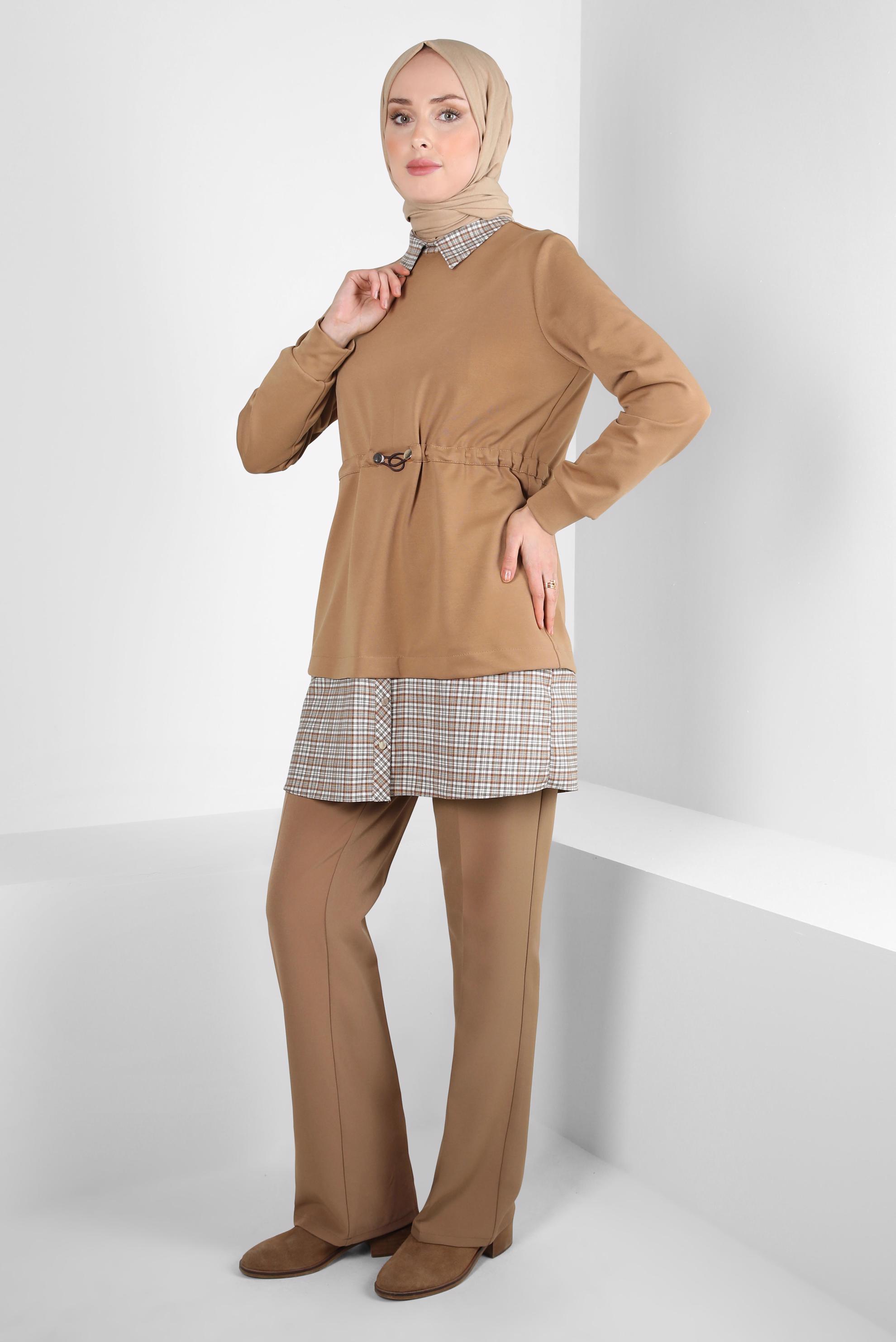 Tesettür giyim KAHVE GÖMLEK YAKA TUNİK 44313