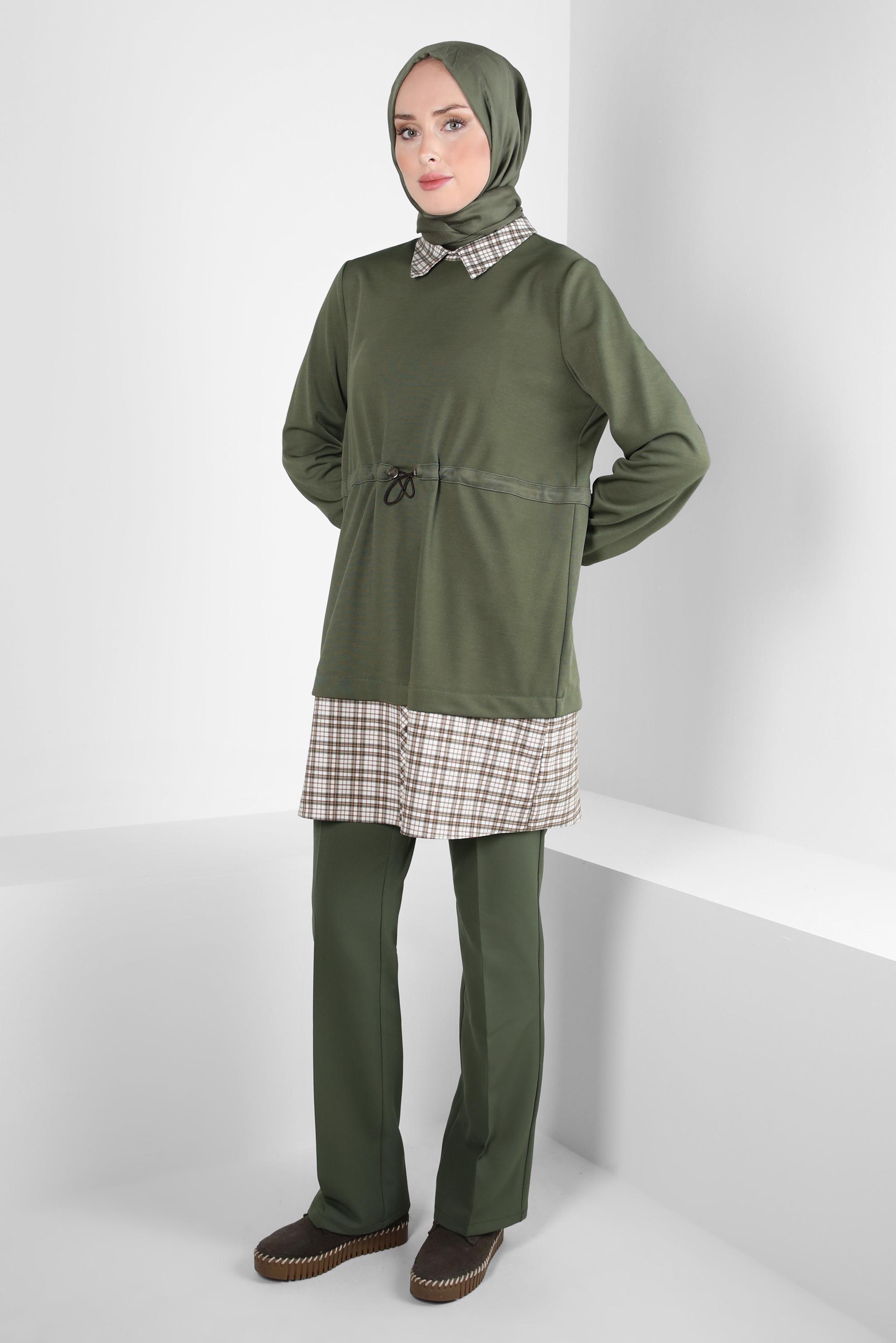 Tesettür giyim HAKİ GÖMLEK YAKA TUNİK 44313