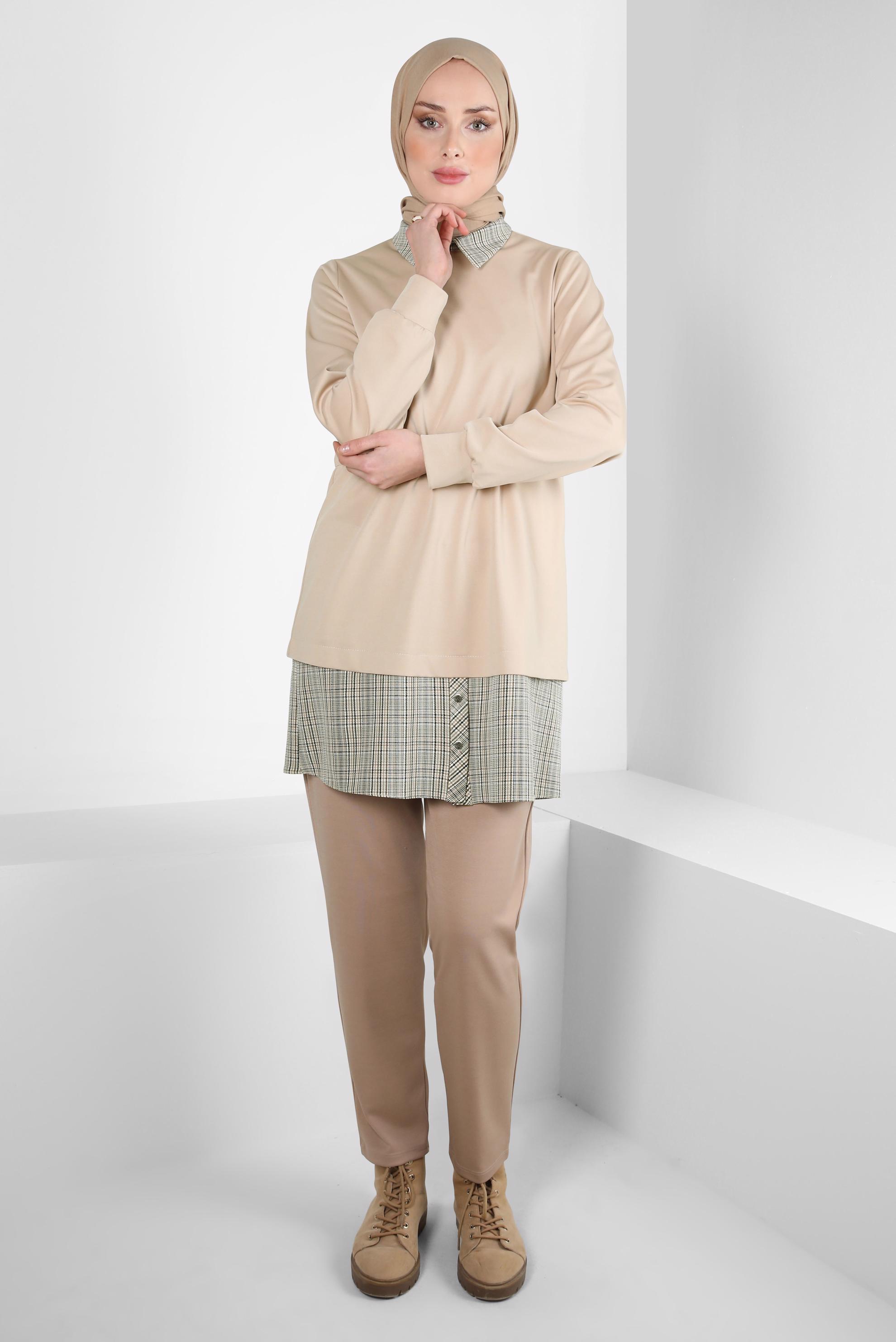 Tesettür giyim BEJ GÖMLEK YAKA TUNİK 44313
