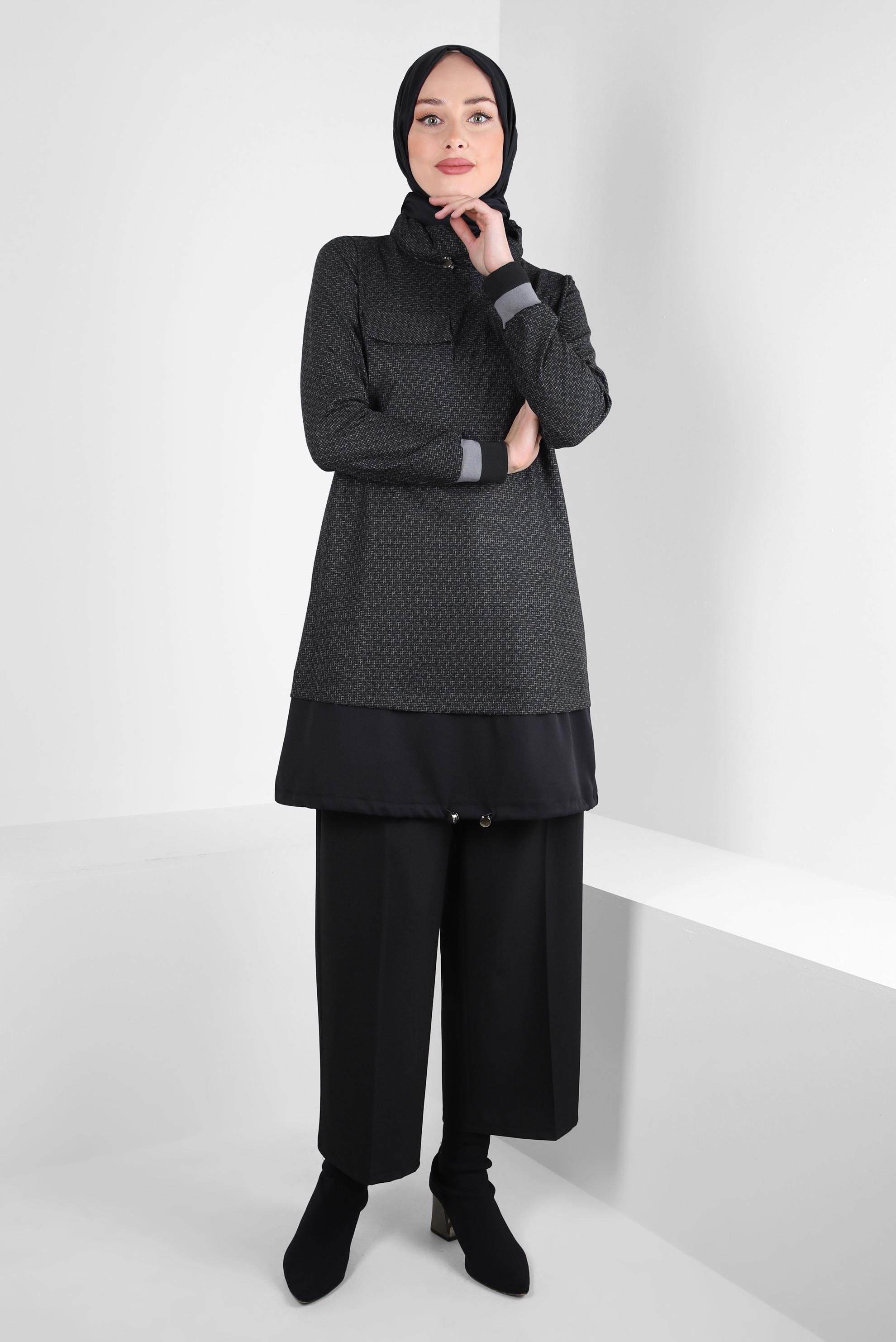 Tesettür giyim SİYAH YAKASI BÜZGÜLÜ TUNİK 44316