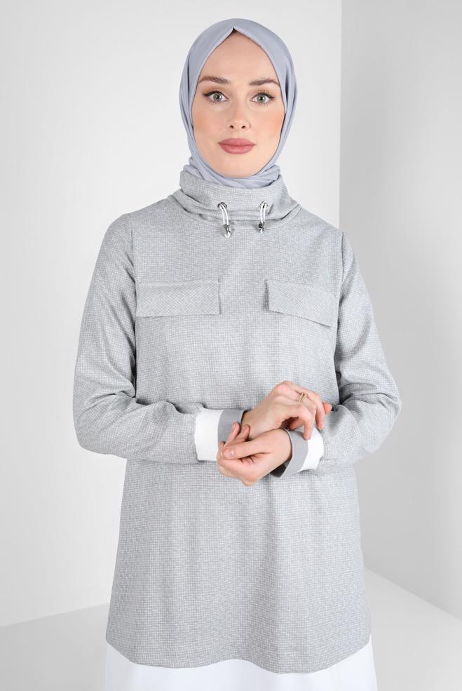Hijab clothing GREY TUNIC WITH SMOCKING COLLAR 44316 - ALVİNA