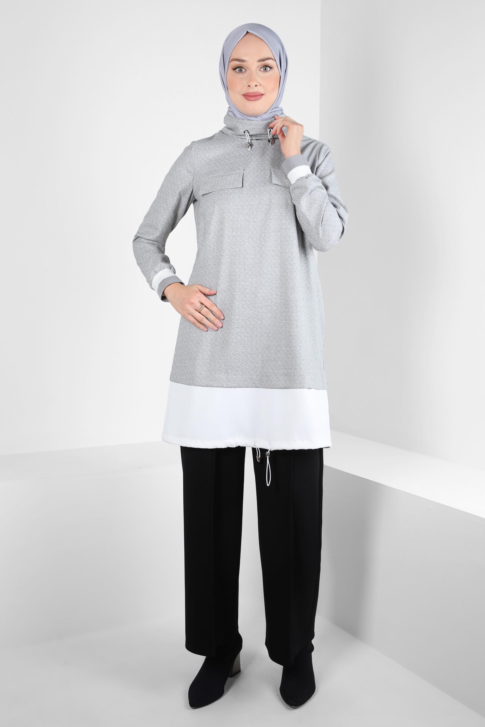 Vêtements hijab GRIS TUNIQUE À COL SMOCKING 44316