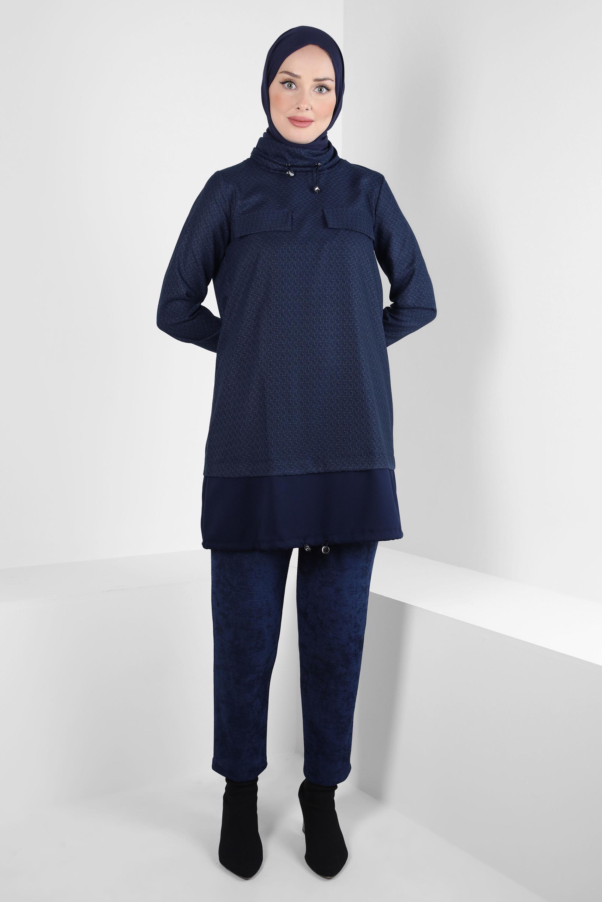 Tesettür giyim LACİVERT YAKASI BÜZGÜLÜ TUNİK 44316