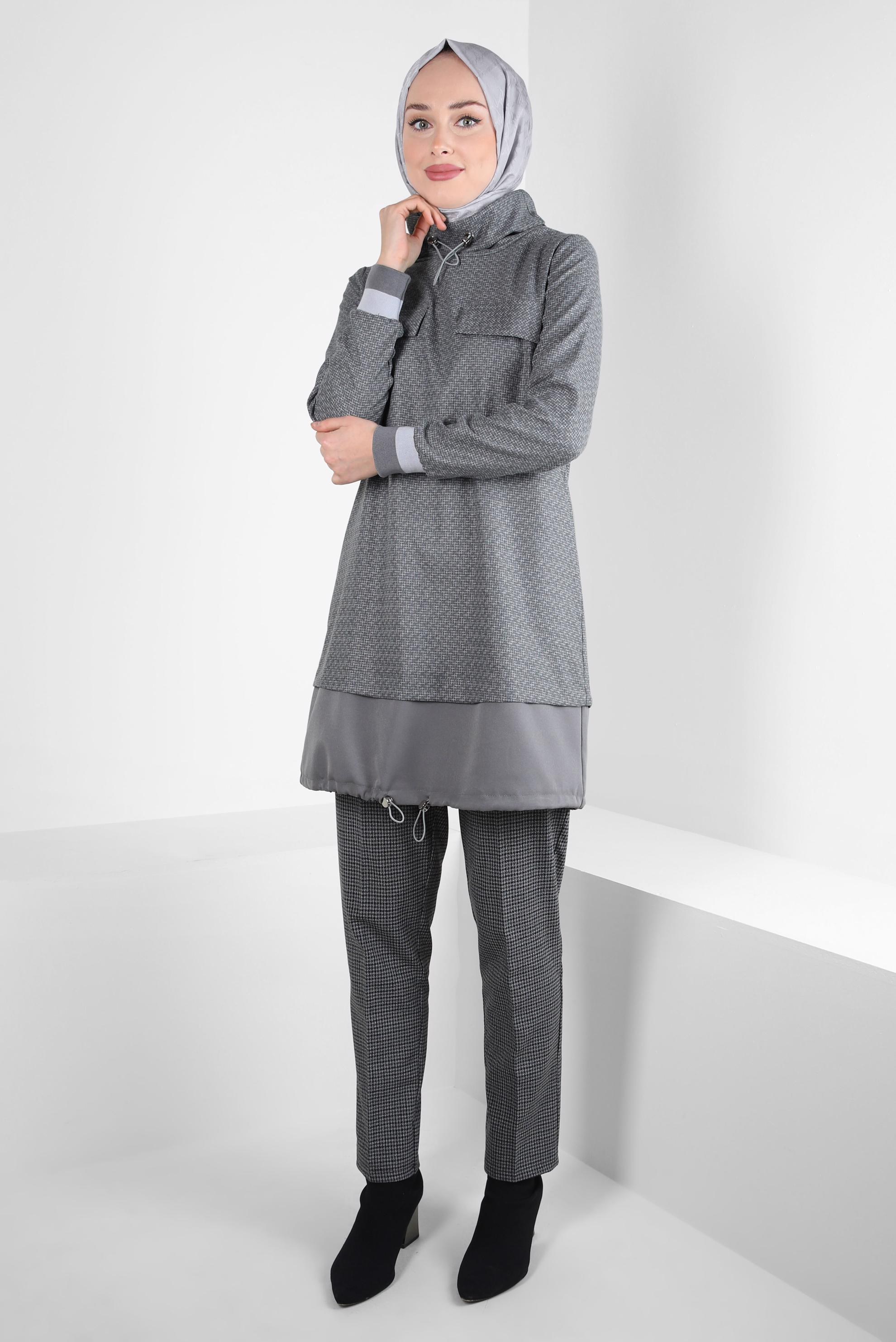 Tesettür giyim GRİ YAKASI BÜZGÜLÜ TUNİK 44316