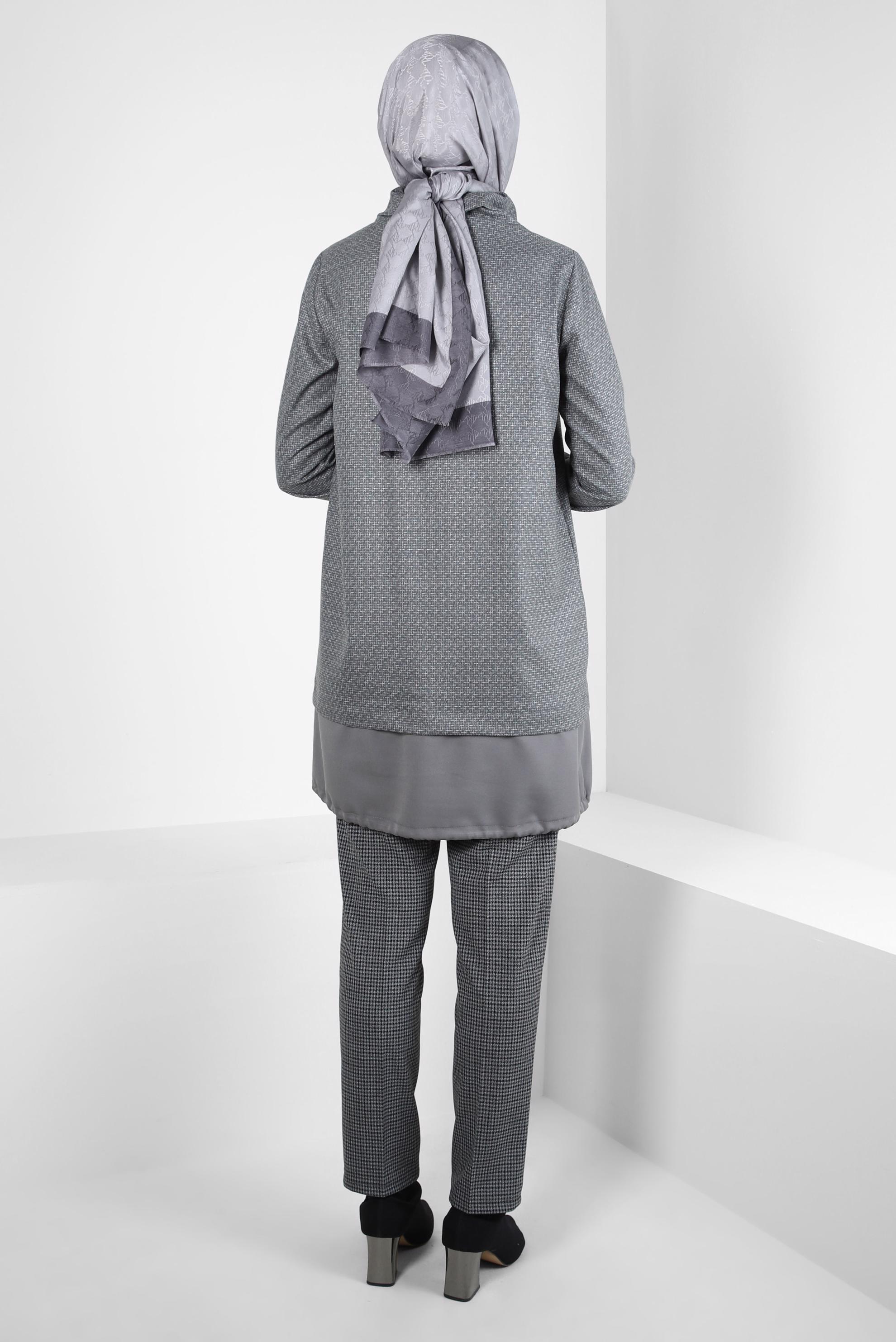 Tesettür giyim GRİ YAKASI BÜZGÜLÜ TUNİK 44316