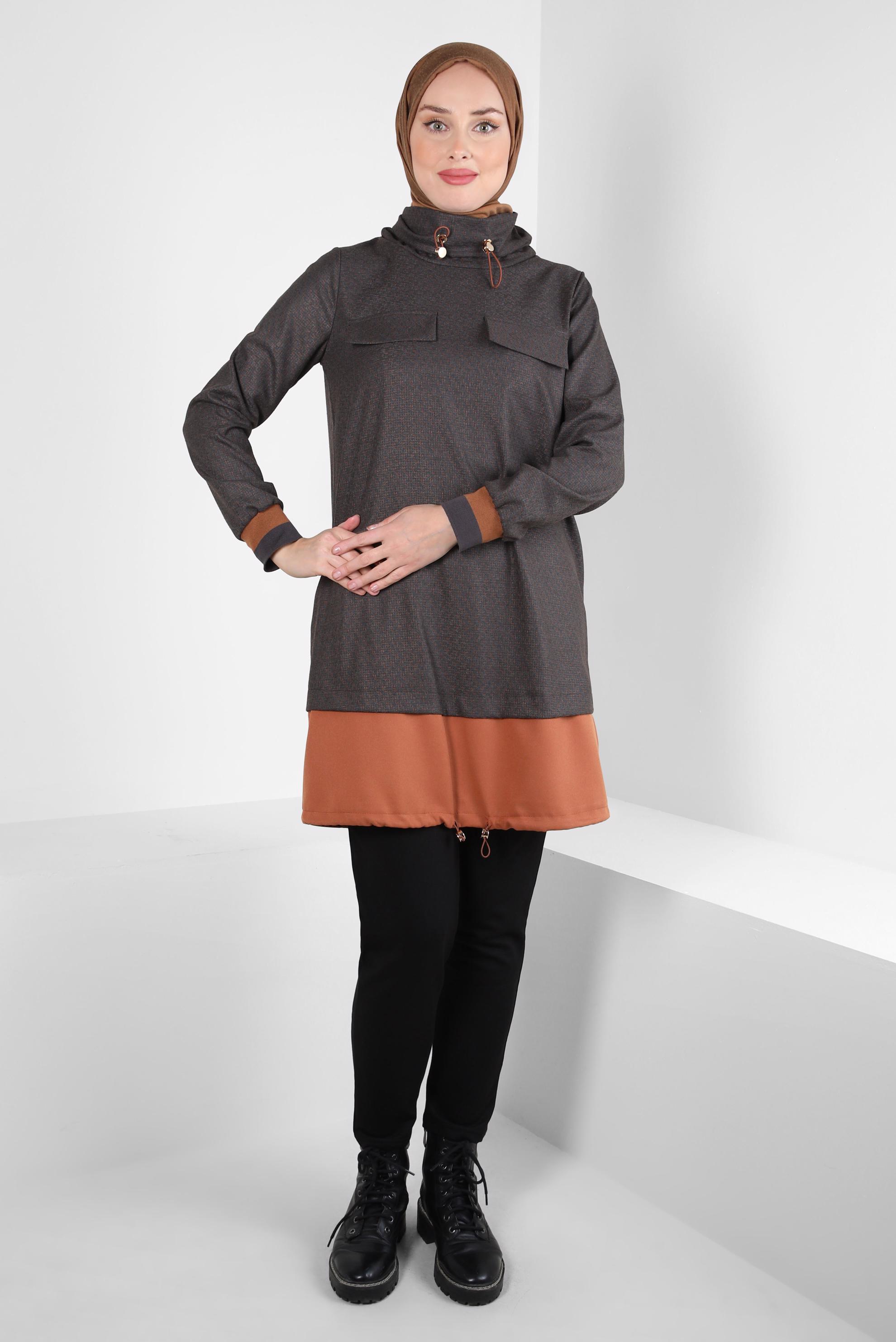 Tesettür giyim SİYAH YAKASI BÜZGÜLÜ TUNİK 44316