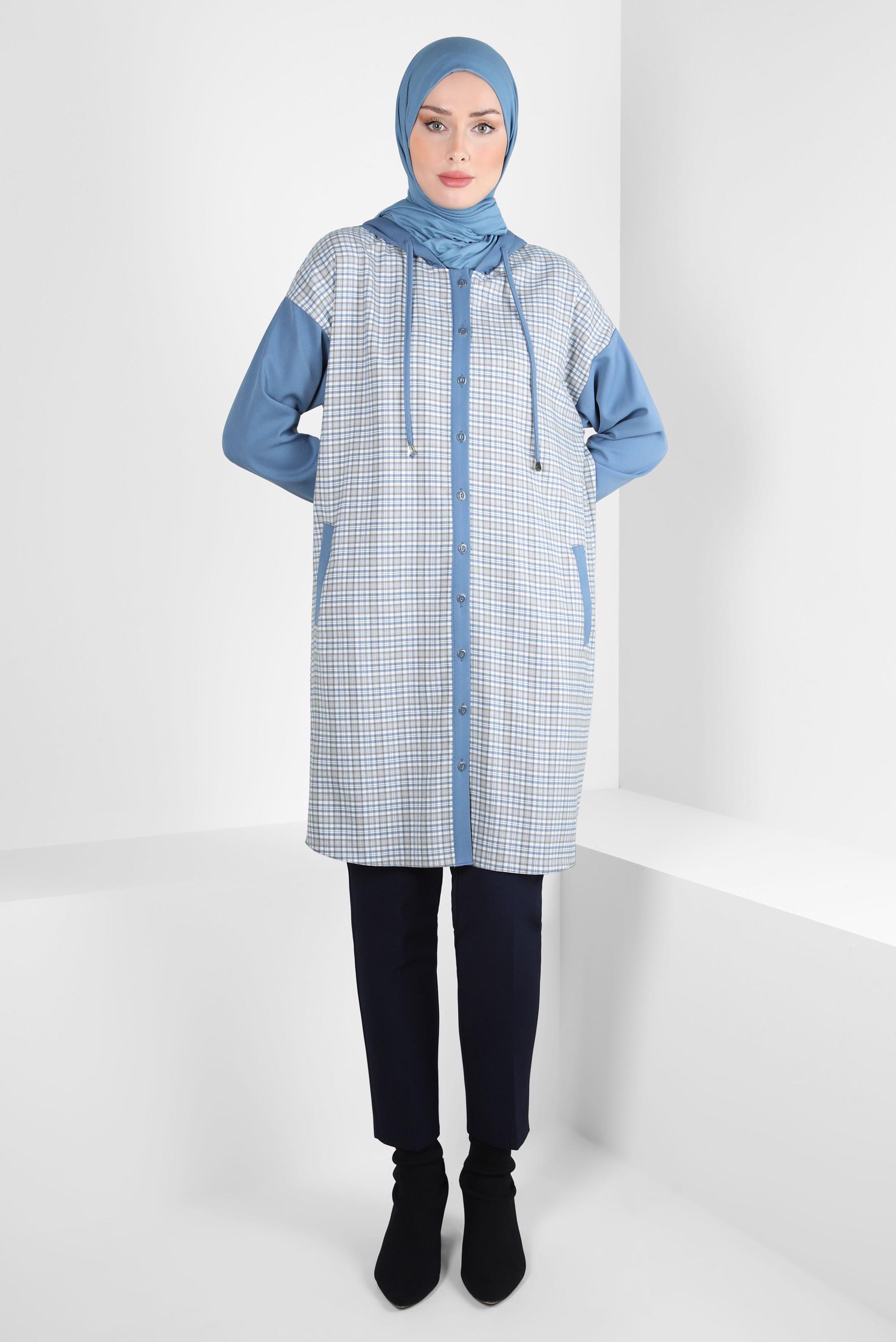 Tesettür giyim MAVİ EKOSE DESENLİ TUNİK 44317