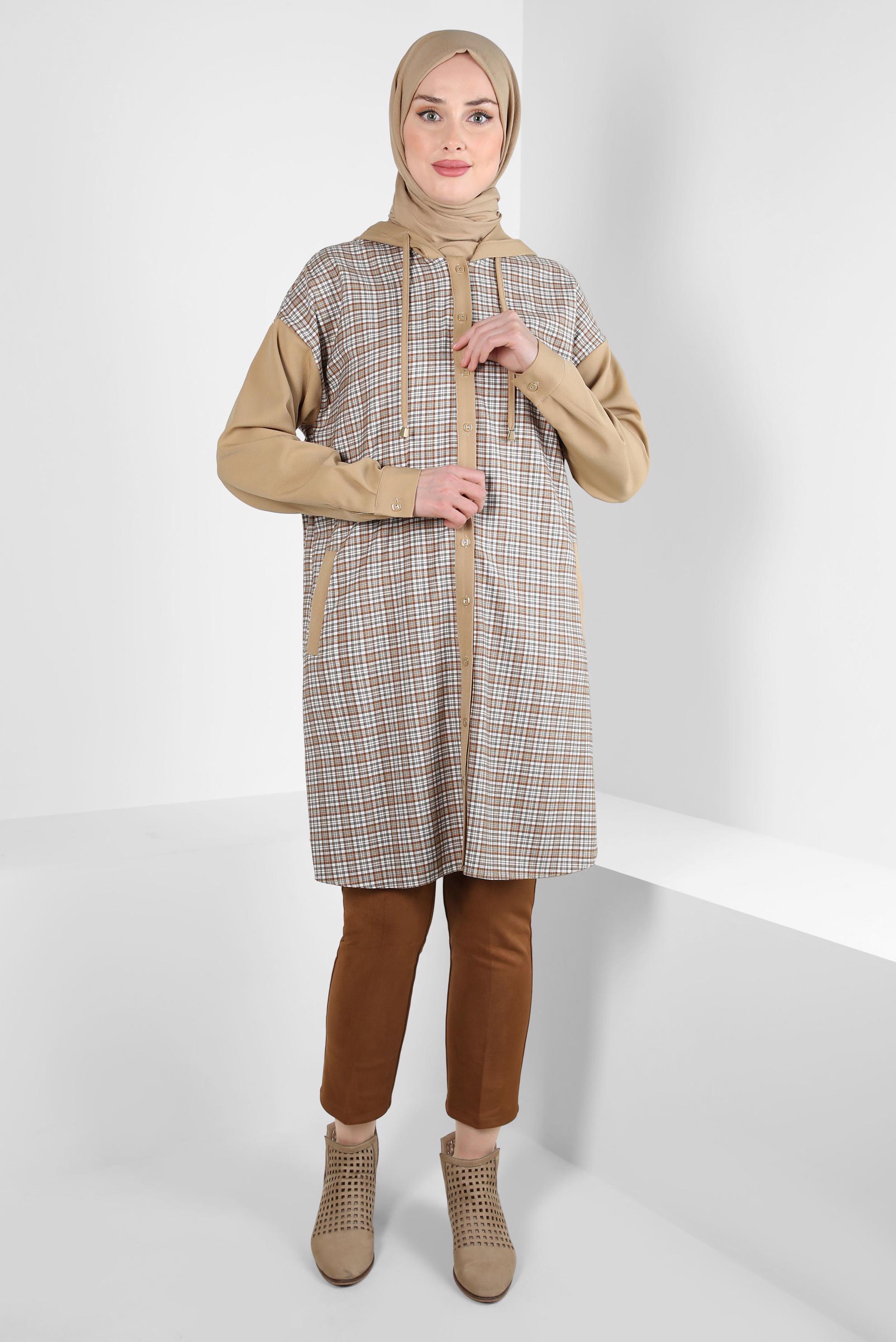 Tesettür giyim TURUNCU EKOSE DESENLİ TUNİK 44317