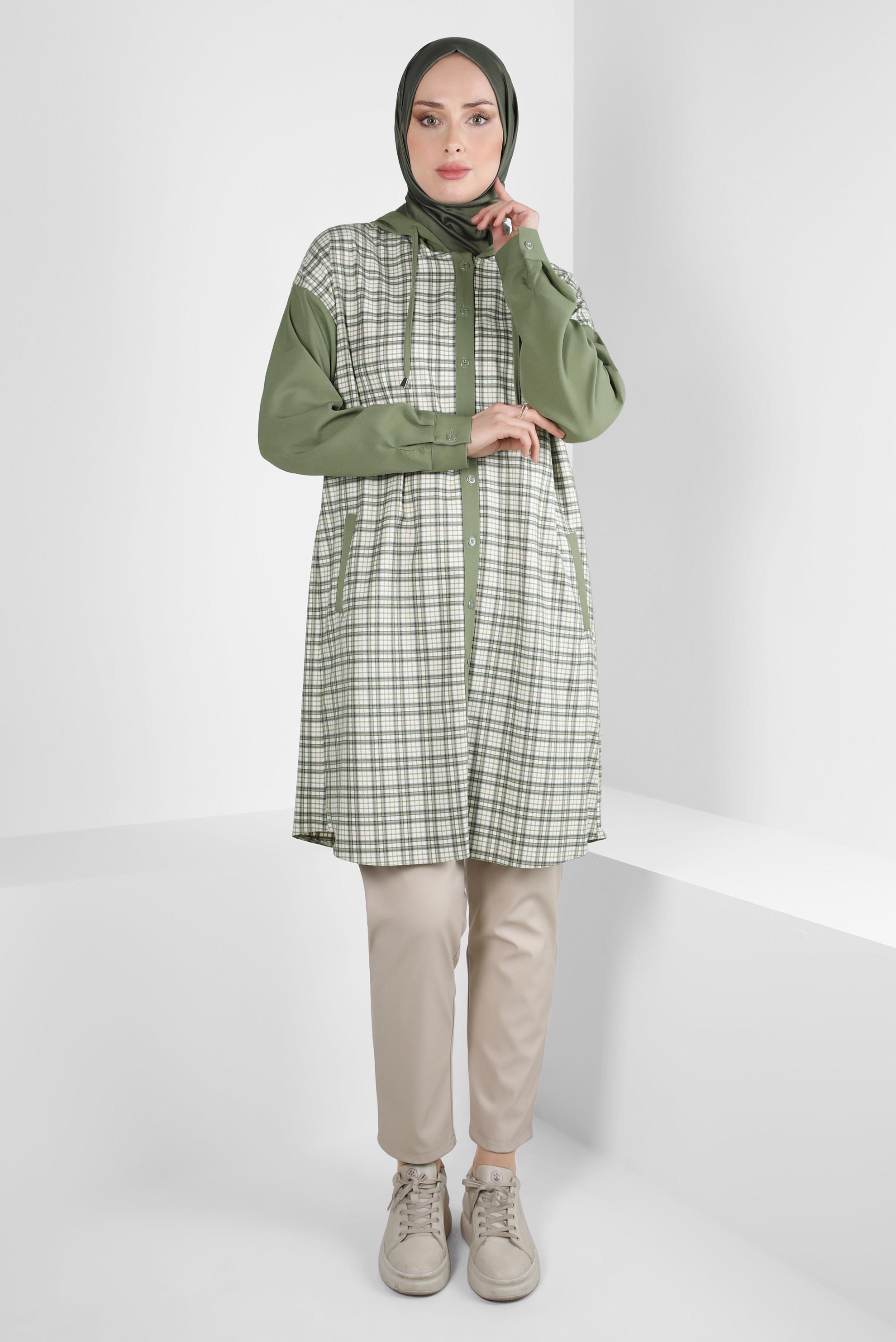 Tesettür giyim YEŞİL EKOSE DESENLİ TUNİK 44317-1