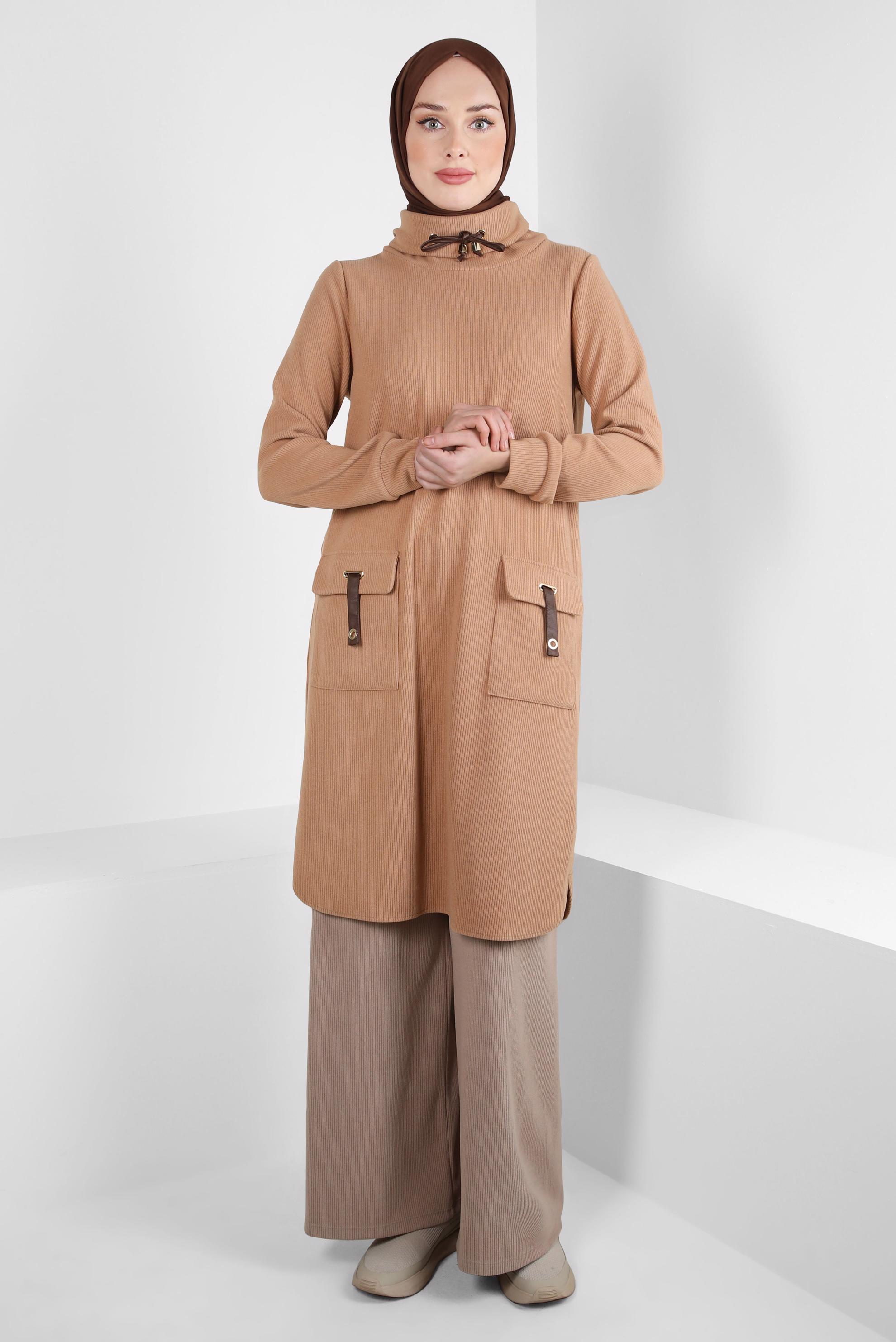 Tesettür giyim KAHVE BOĞAZLI YAKA TUNİK 44318