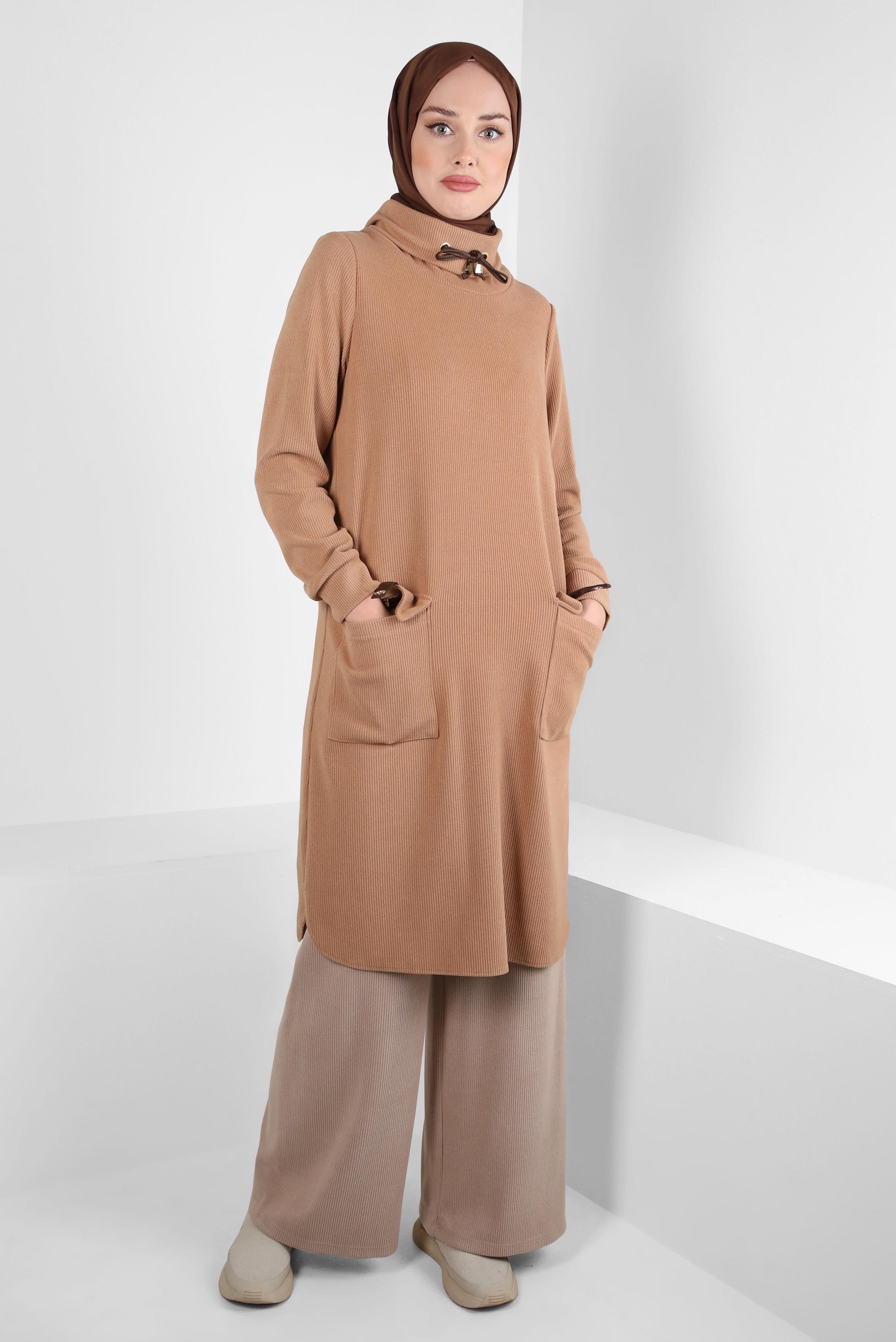 Tesettür giyim KAHVE BOĞAZLI YAKA TUNİK 44318