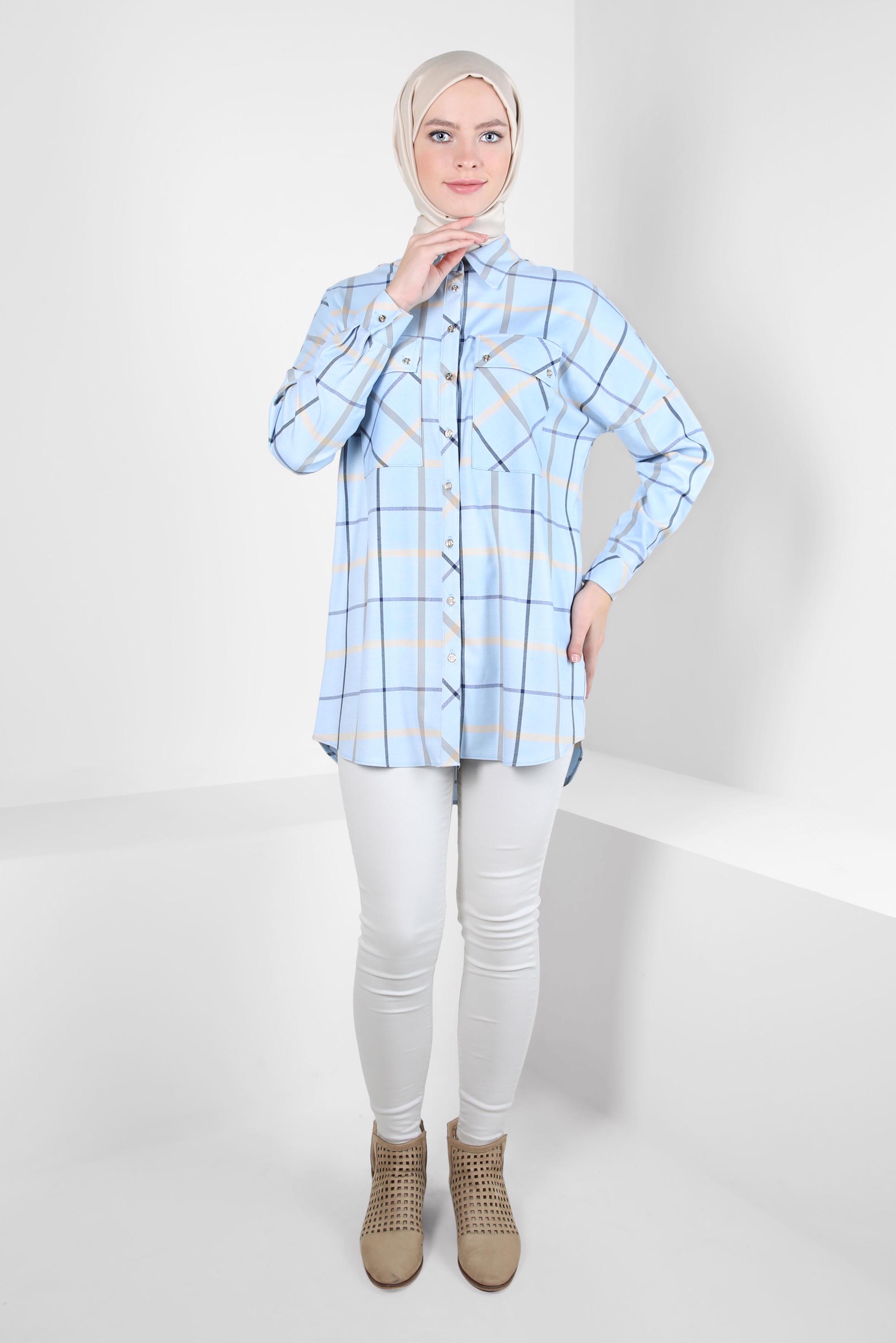Tesettür giyim MAVİ KARELİ GÖMLEK TUNİK 44321