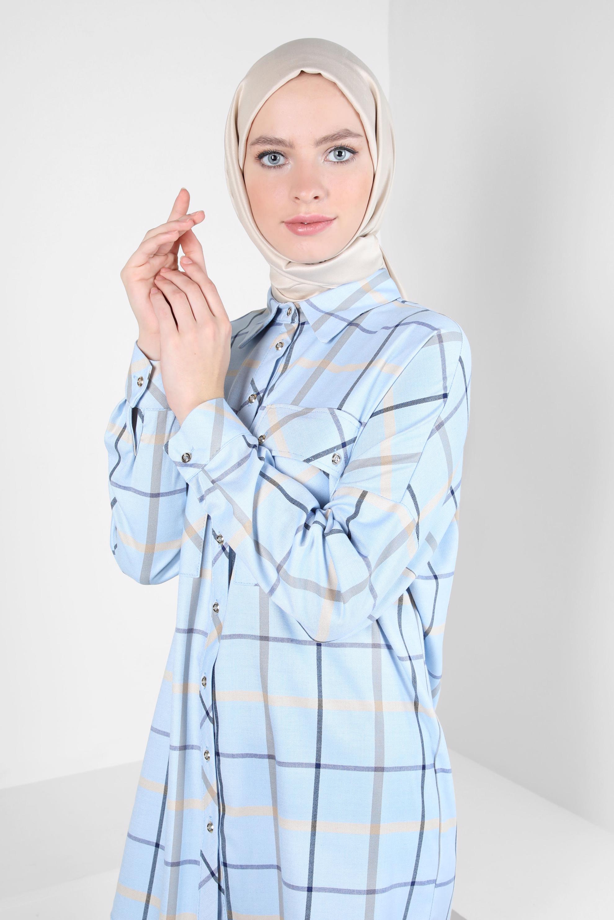 Tesettür giyim MAVİ KARELİ GÖMLEK TUNİK 44321