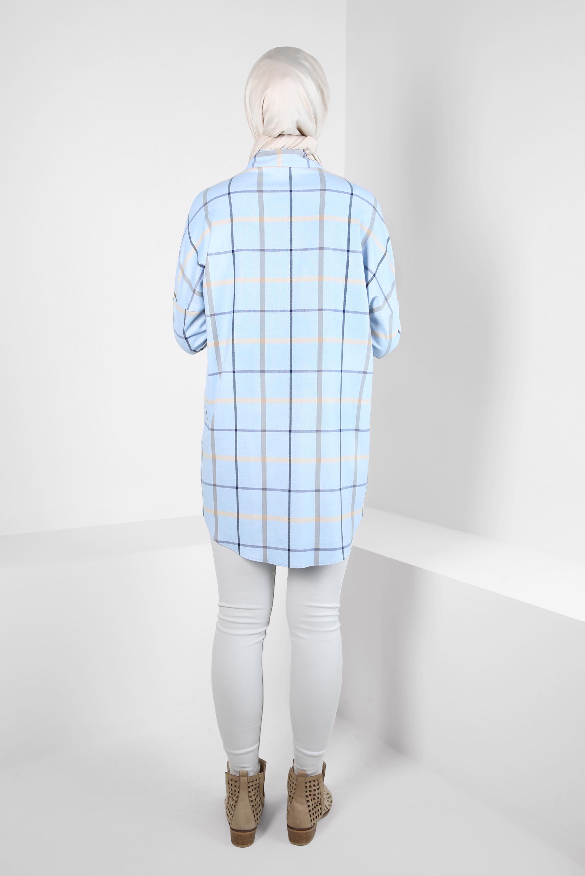 Tesettür giyim MAVİ KARELİ GÖMLEK TUNİK 44321