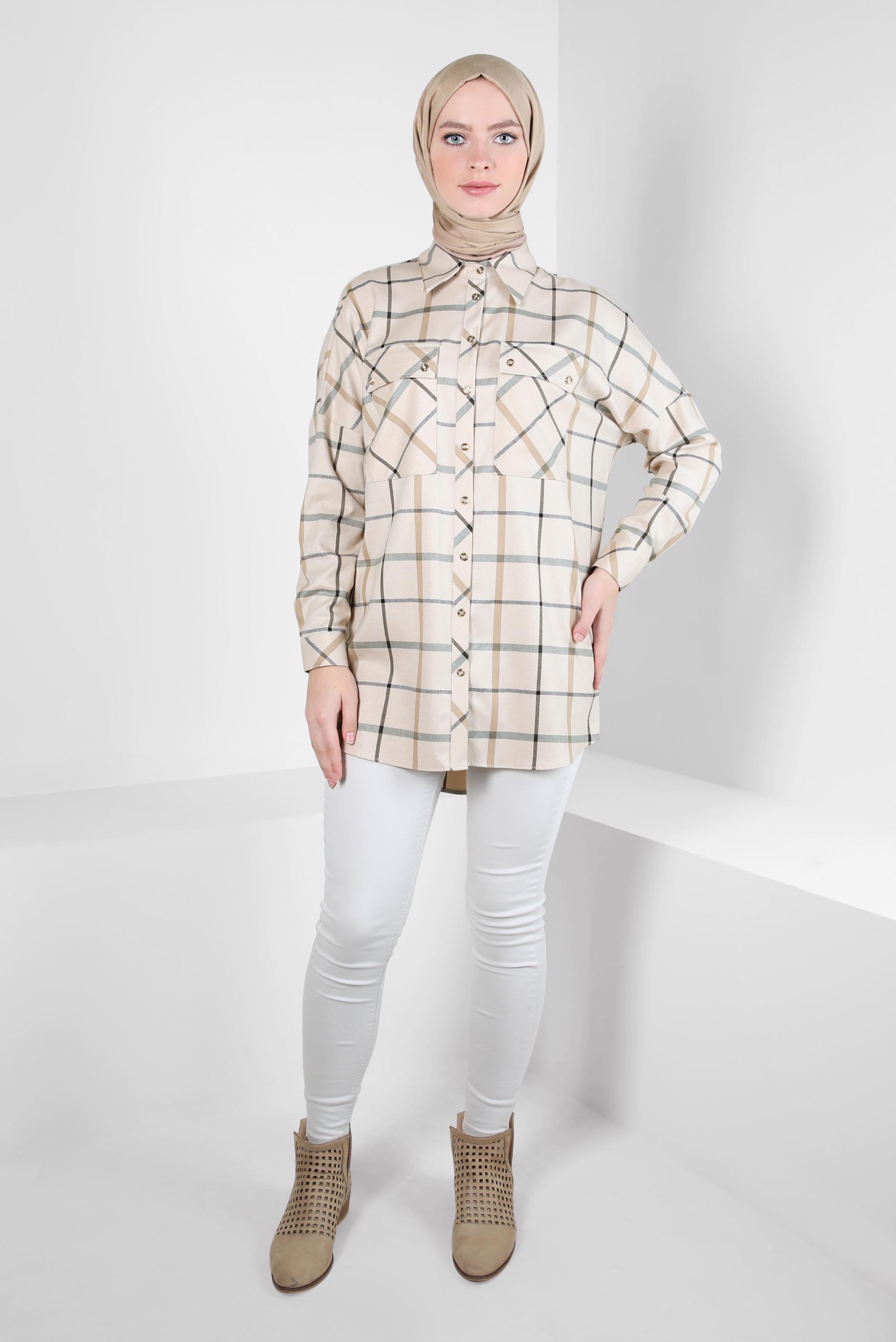 Tesettür giyim KAHVE KARELİ GÖMLEK TUNİK 44321