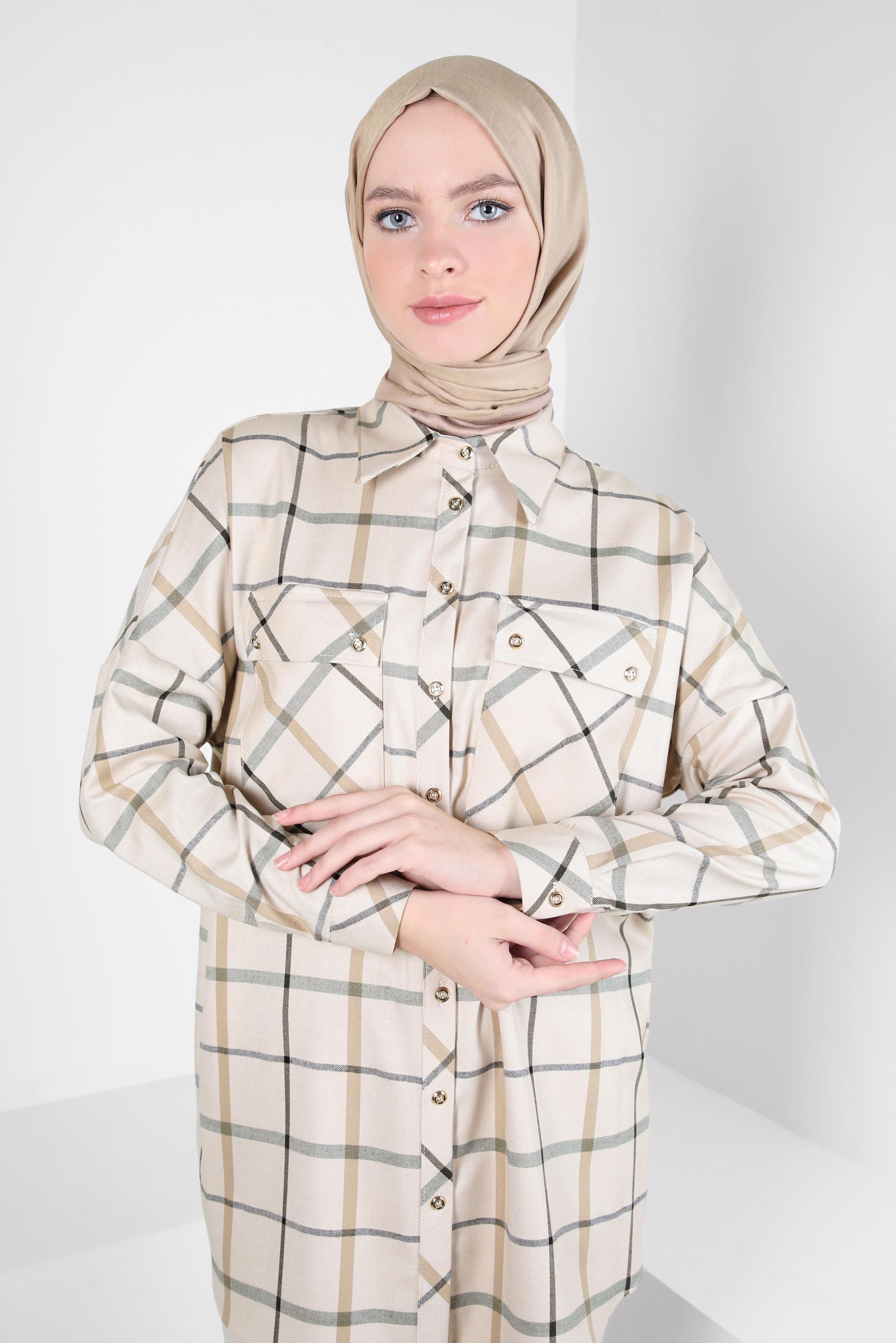 Tesettür giyim KAHVE KARELİ GÖMLEK TUNİK 44321