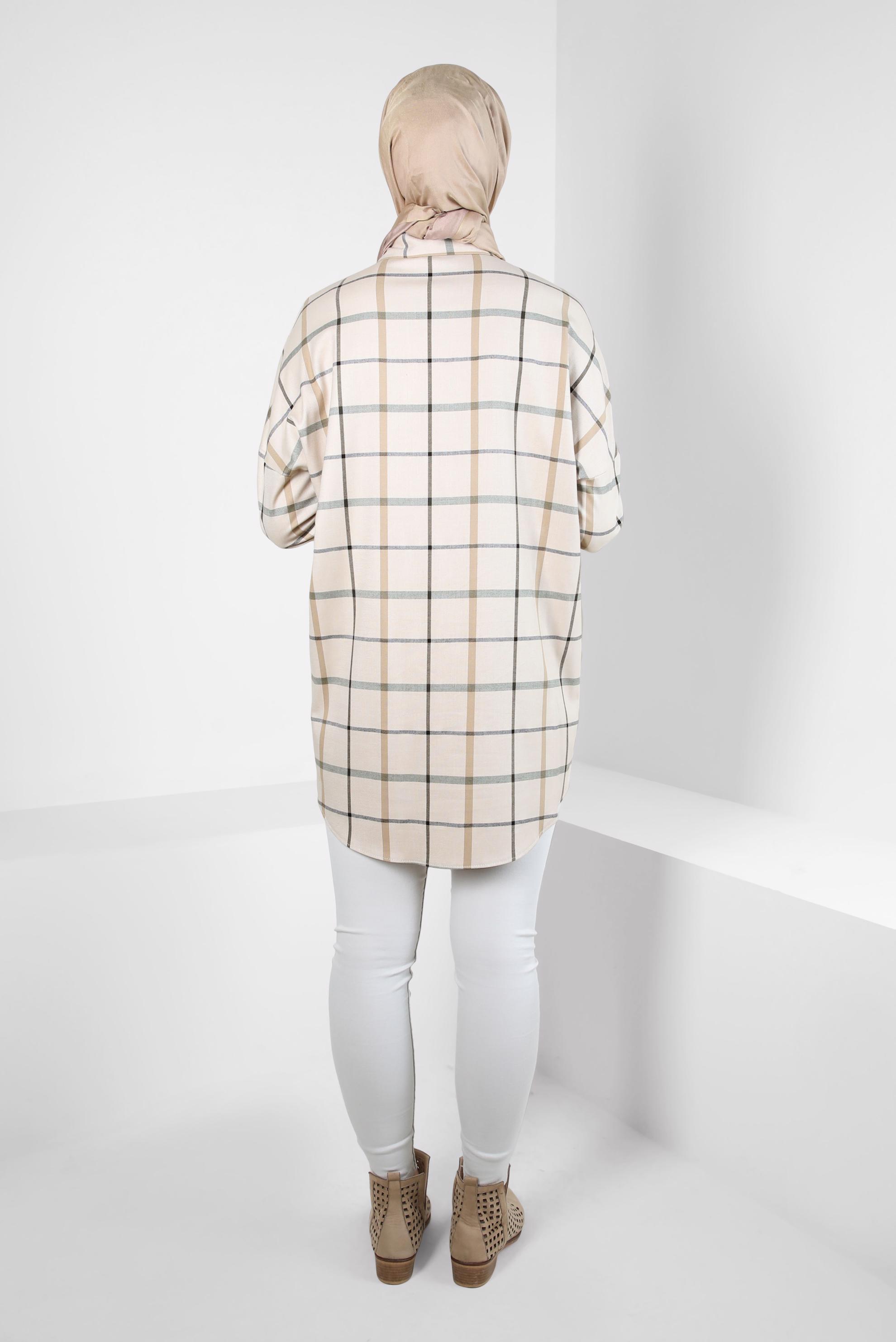 Tesettür giyim KAHVE KARELİ GÖMLEK TUNİK 44321