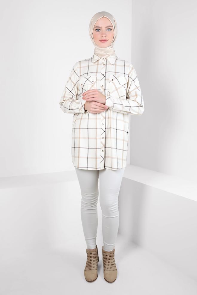 Hijab clothing ECRU CHECKED SHIRT TUNIC 44321 - ALVİNA
