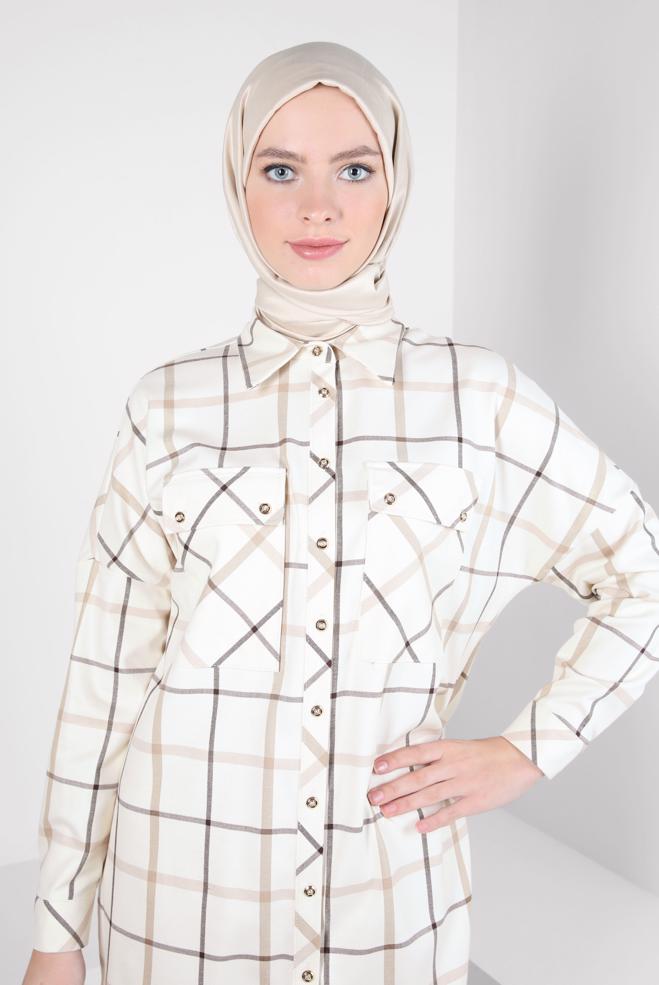 Hijab clothing ECRU CHECKED SHIRT TUNIC 44321 - ALVİNA