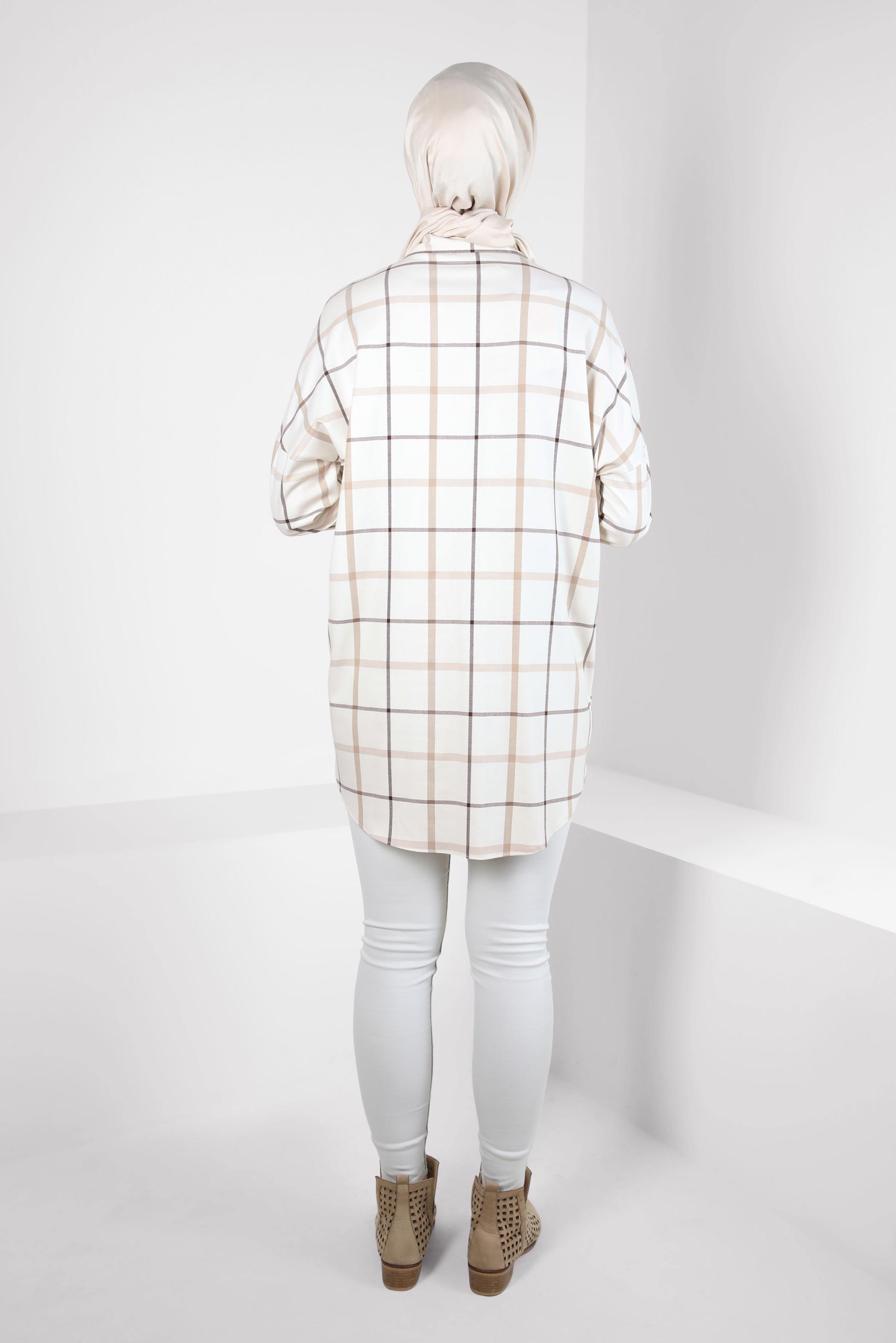 Tesettür giyim EKRU KARELİ GÖMLEK TUNİK 44321