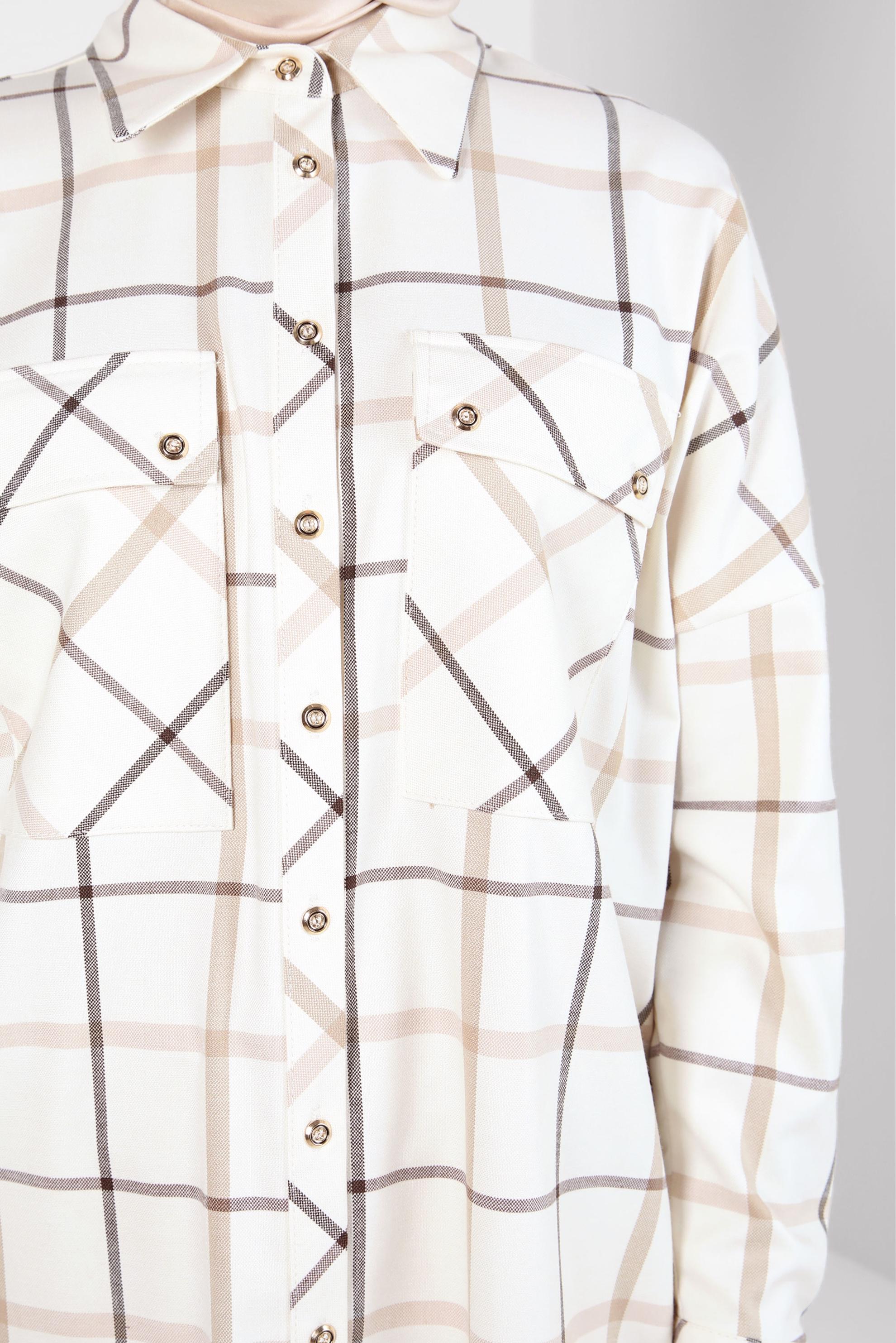 Tesettür giyim EKRU KARELİ GÖMLEK TUNİK 44321