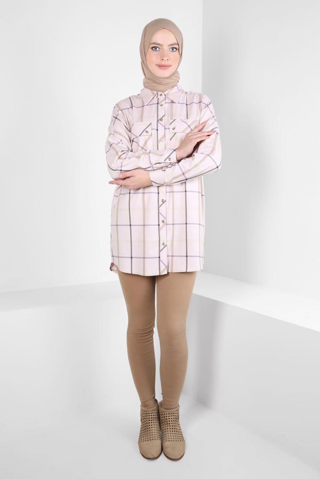 Hijab clothing POWDER CHECKED SHIRT TUNIC 44321 - ALVİNA