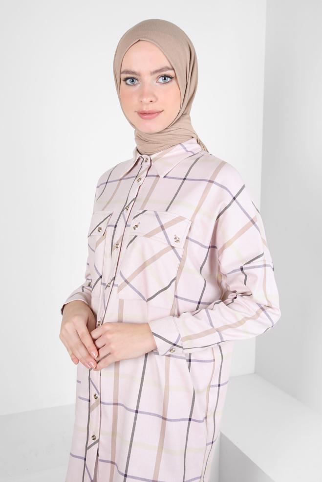 Hijab clothing POWDER CHECKED SHIRT TUNIC 44321 - ALVİNA
