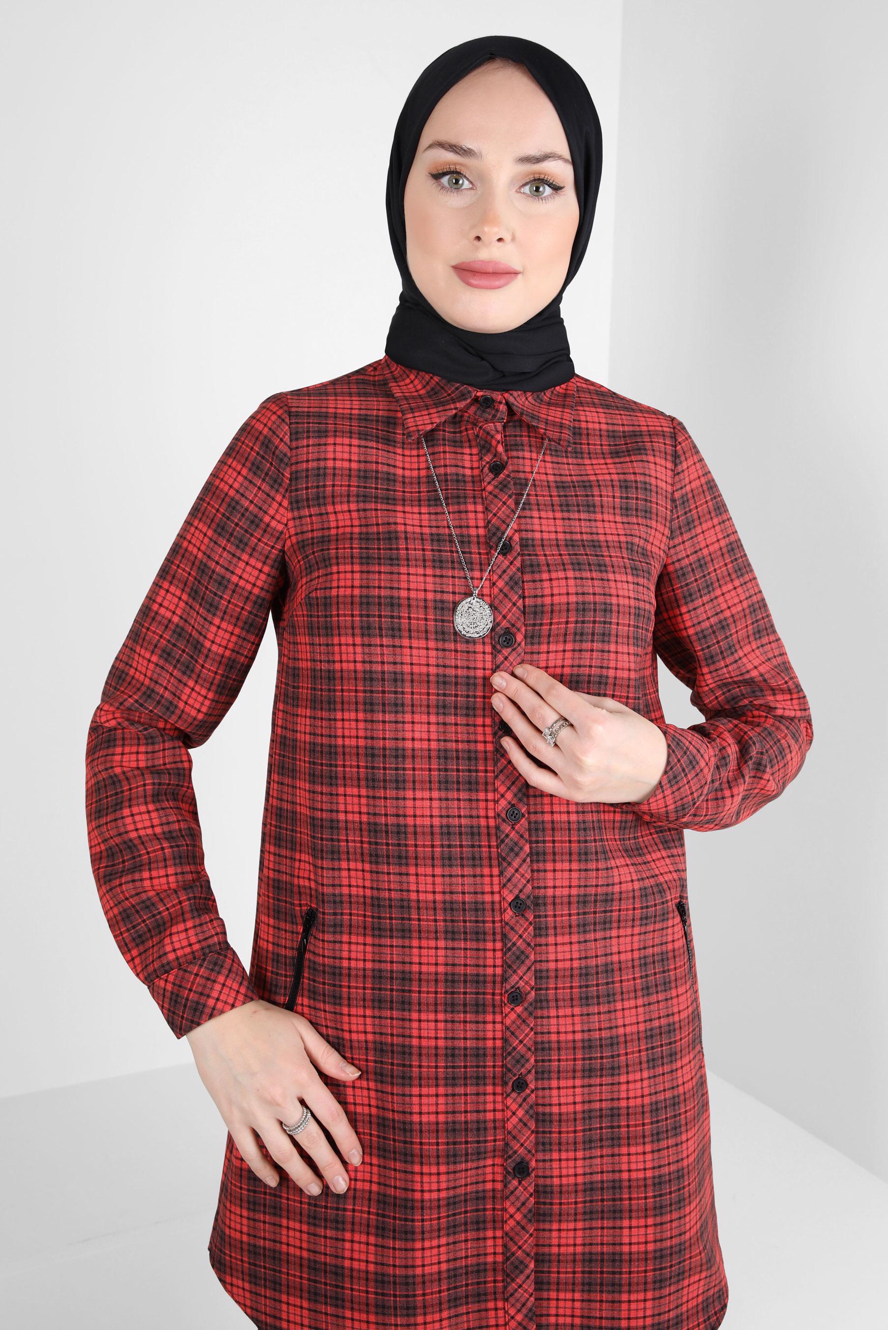 Tesettür giyim KIRMIZI EKOSE DESENLİ TUNİK 44324