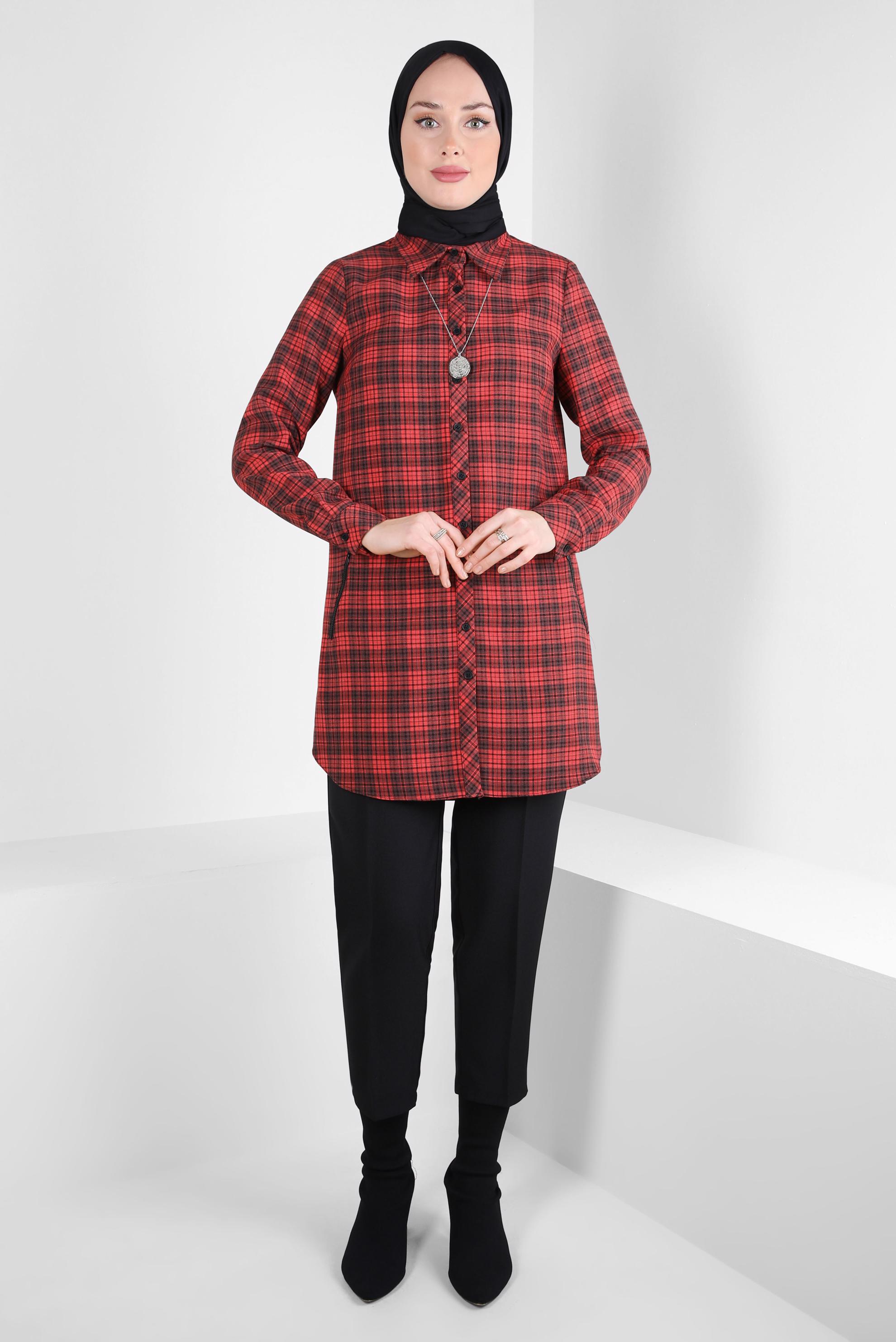 Tesettür giyim KIRMIZI EKOSE DESENLİ TUNİK 44324