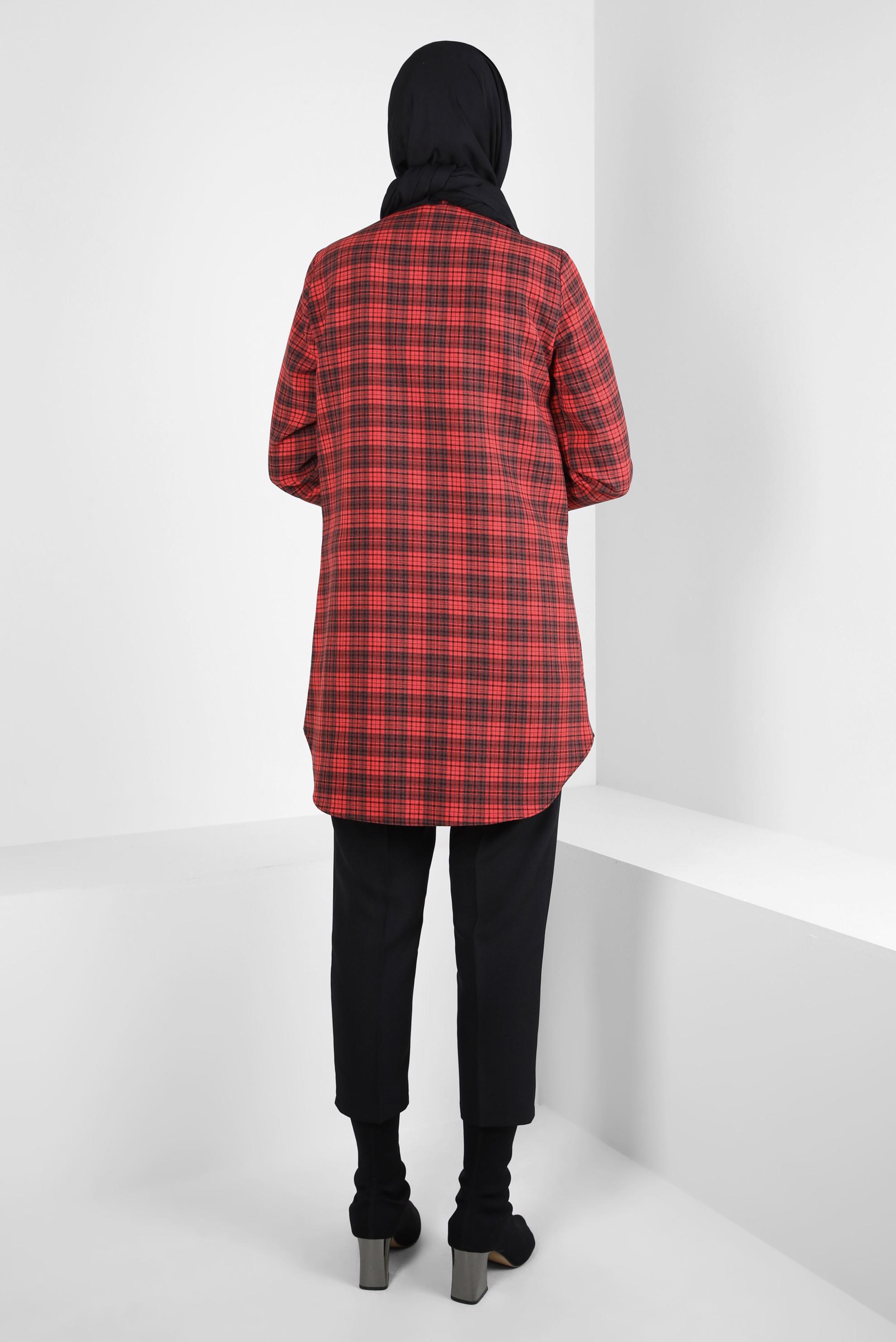 Tesettür giyim KIRMIZI EKOSE DESENLİ TUNİK 44324