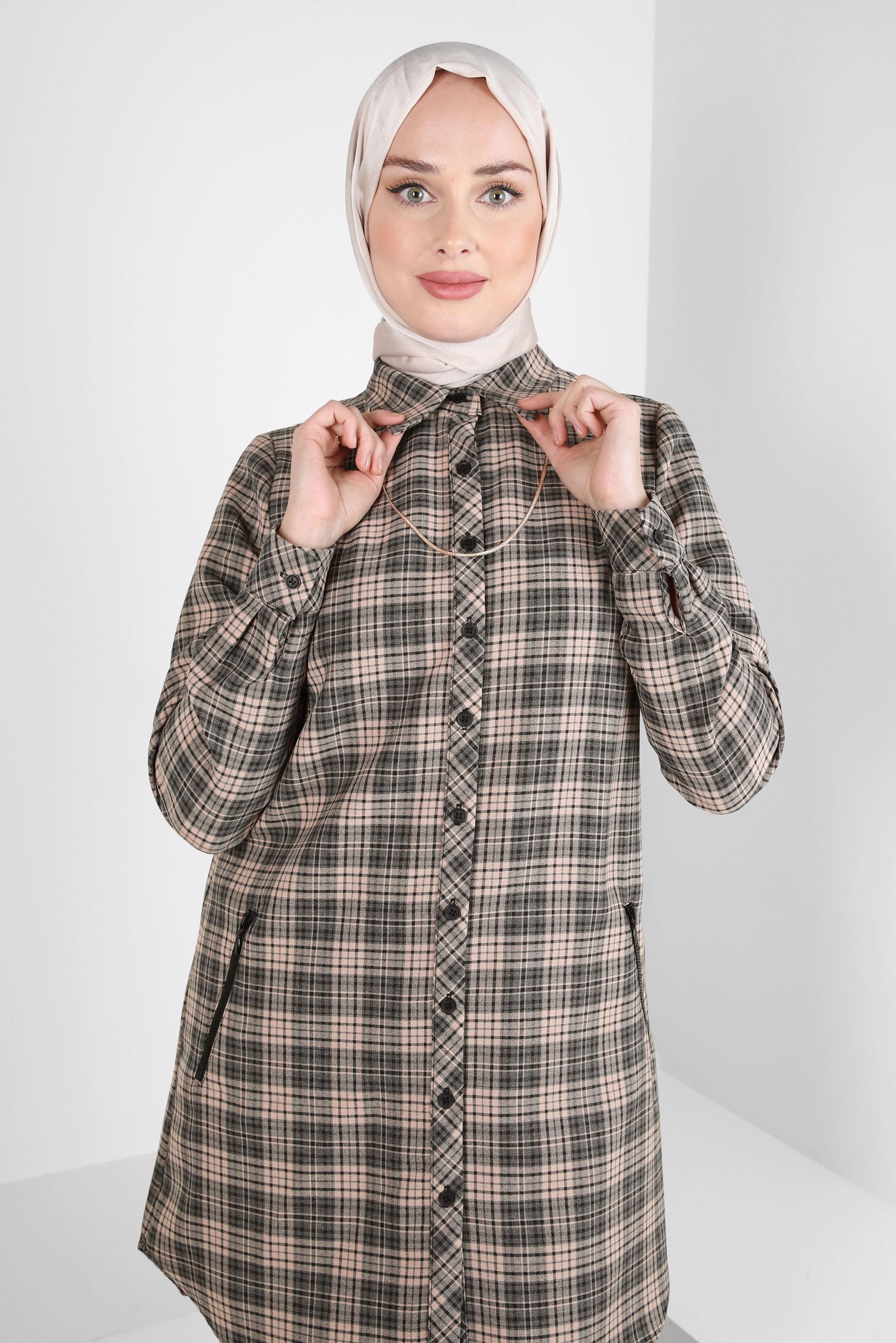 Tesettür giyim KAHVE EKOSE DESENLİ TUNİK 44324