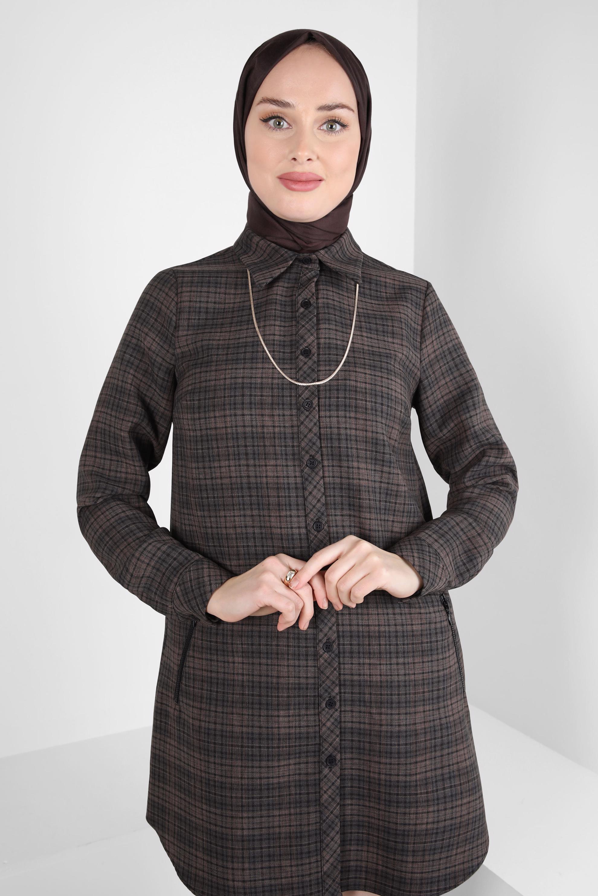 Tesettür giyim VİZON EKOSE DESENLİ TUNİK 44324