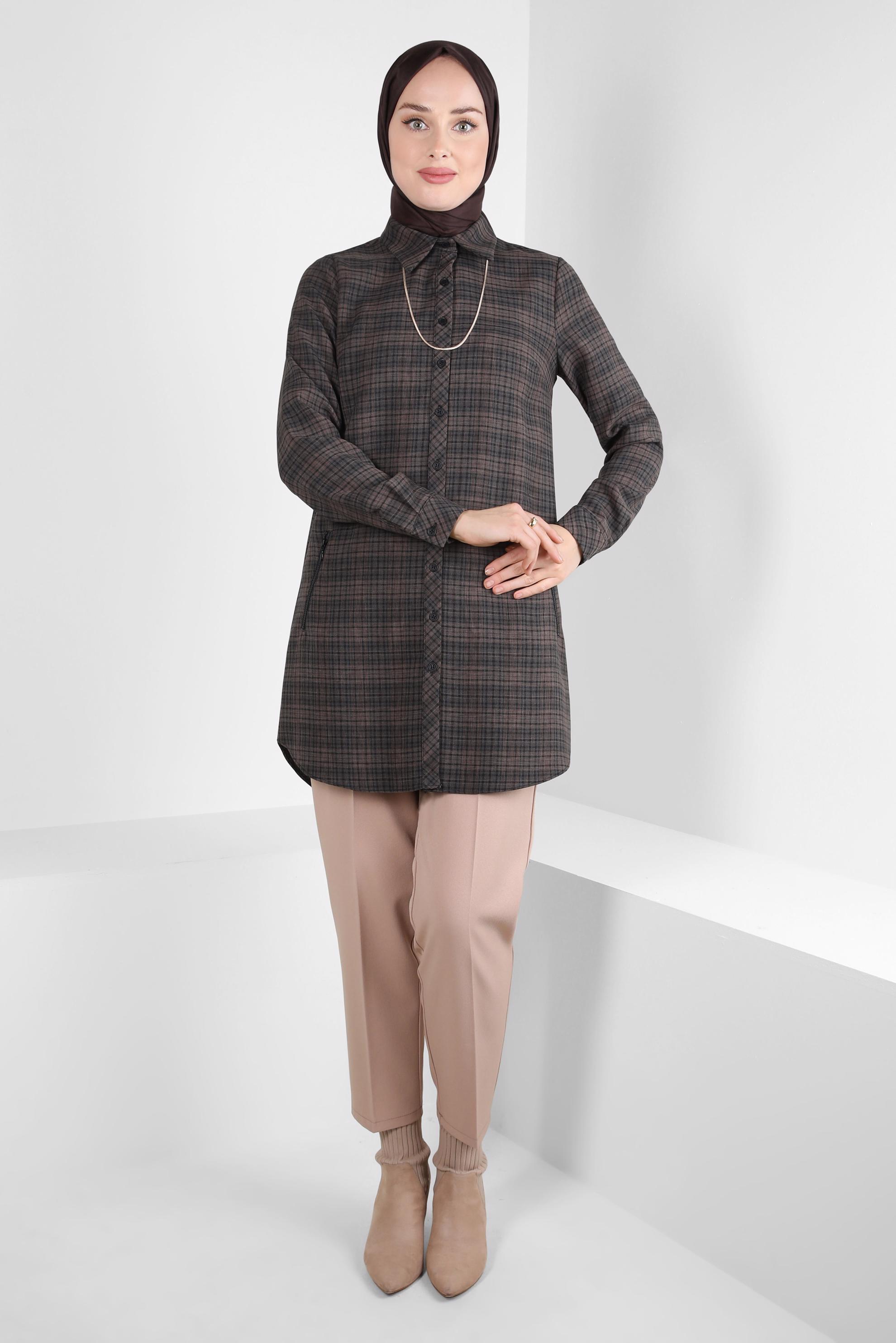 Tesettür giyim VİZON EKOSE DESENLİ TUNİK 44324