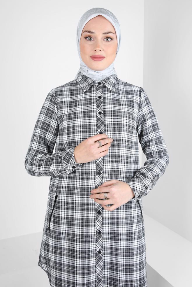 Hijab clothing BLACK PLAID PATTERNED TUNIC 44324 - ALVİNA