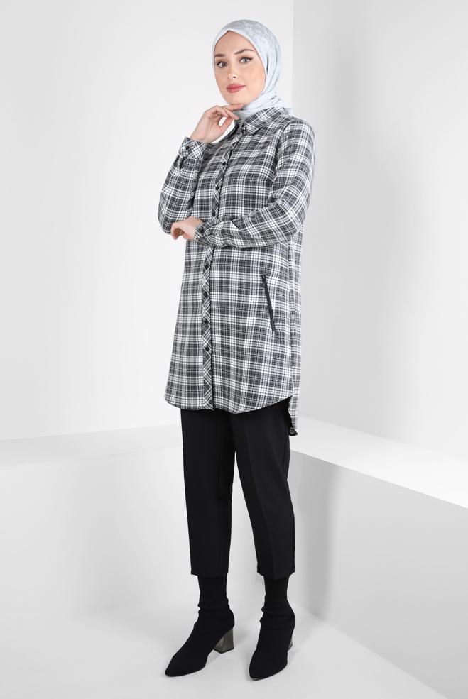 Hijab clothing BLACK PLAID PATTERNED TUNIC 44324 - ALVİNA