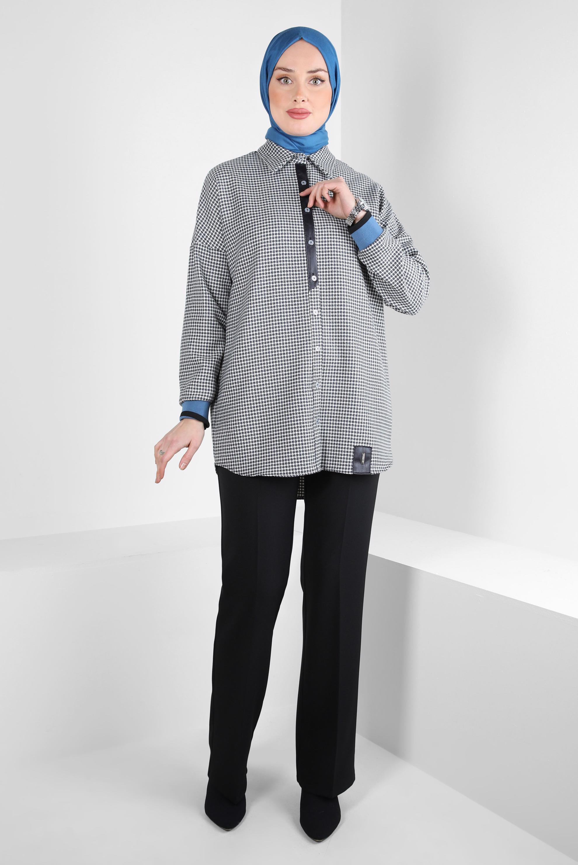 Tesettür giyim MAVİ KAZAYAĞI DESENLİ GÖMLEK TUNİK 44325