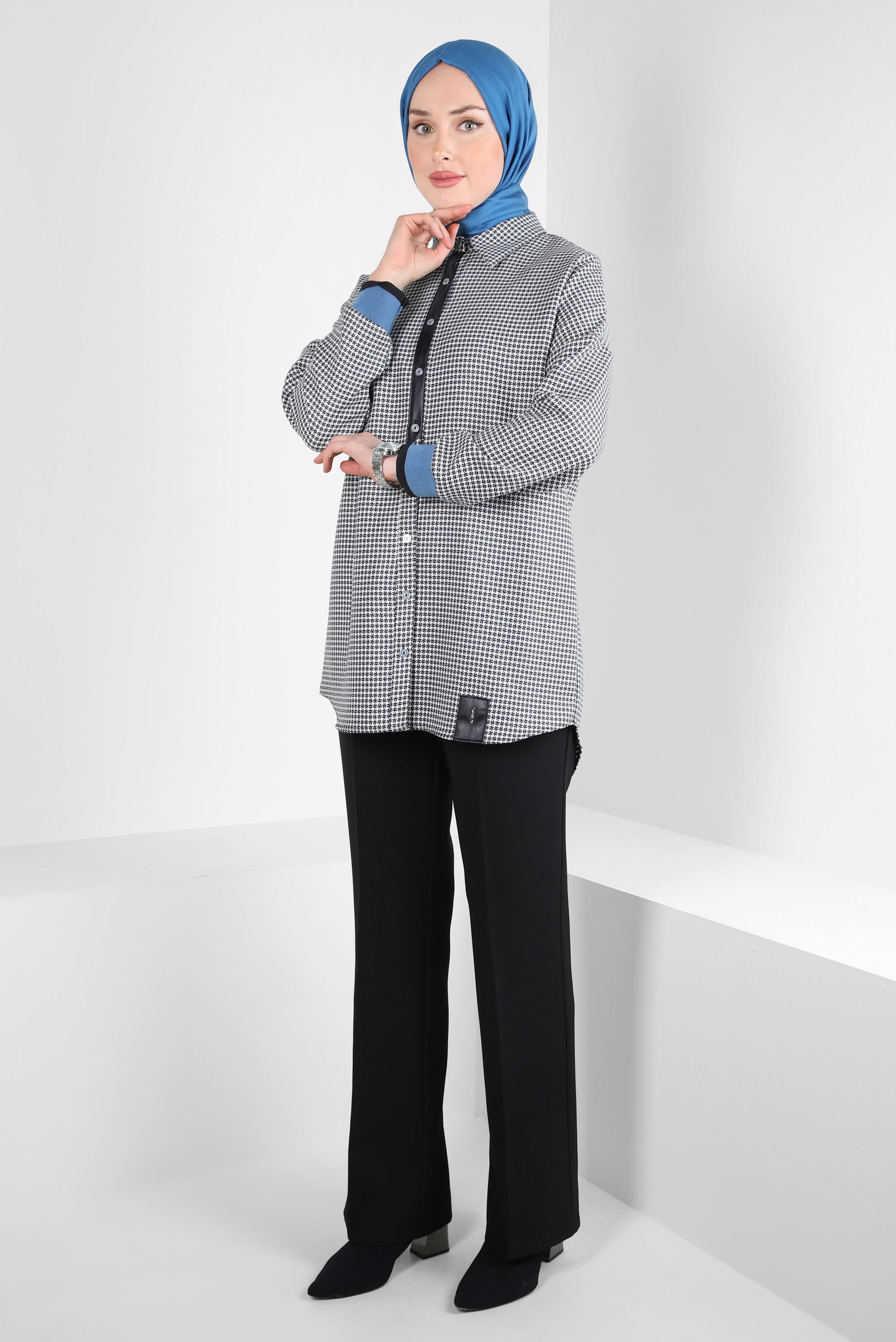 Tesettür giyim MAVİ KAZAYAĞI DESENLİ GÖMLEK TUNİK 44325