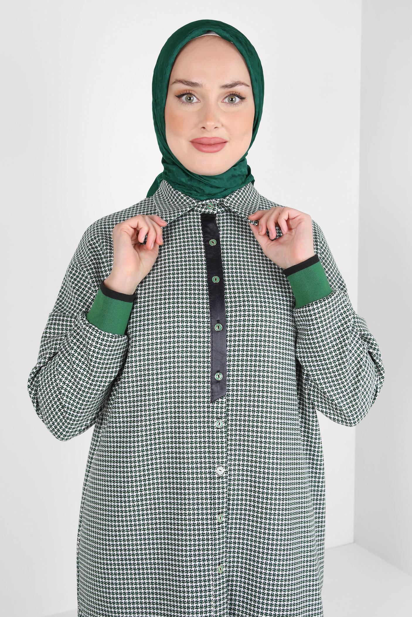 Tesettür giyim YEŞİL KAZAYAĞI DESENLİ GÖMLEK TUNİK 44325